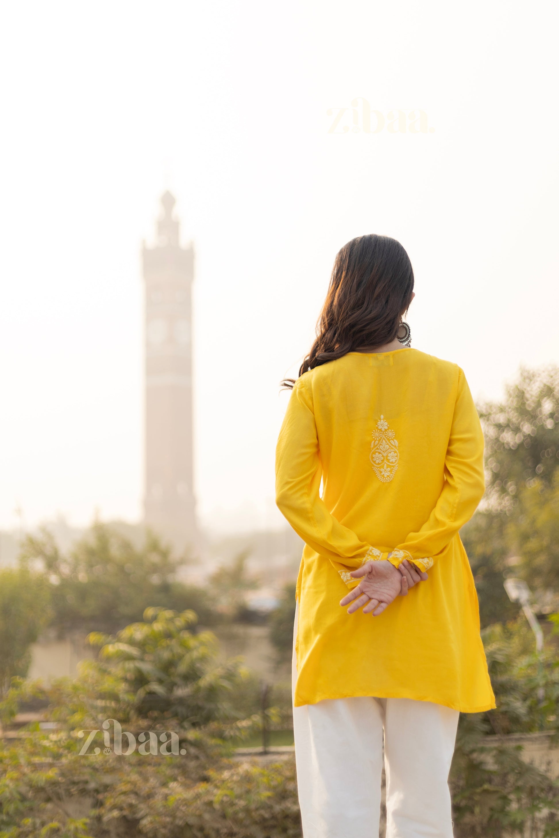 Zibaa Modal Mustard Yellow Short Chikankari Kurti - Swadesiicart