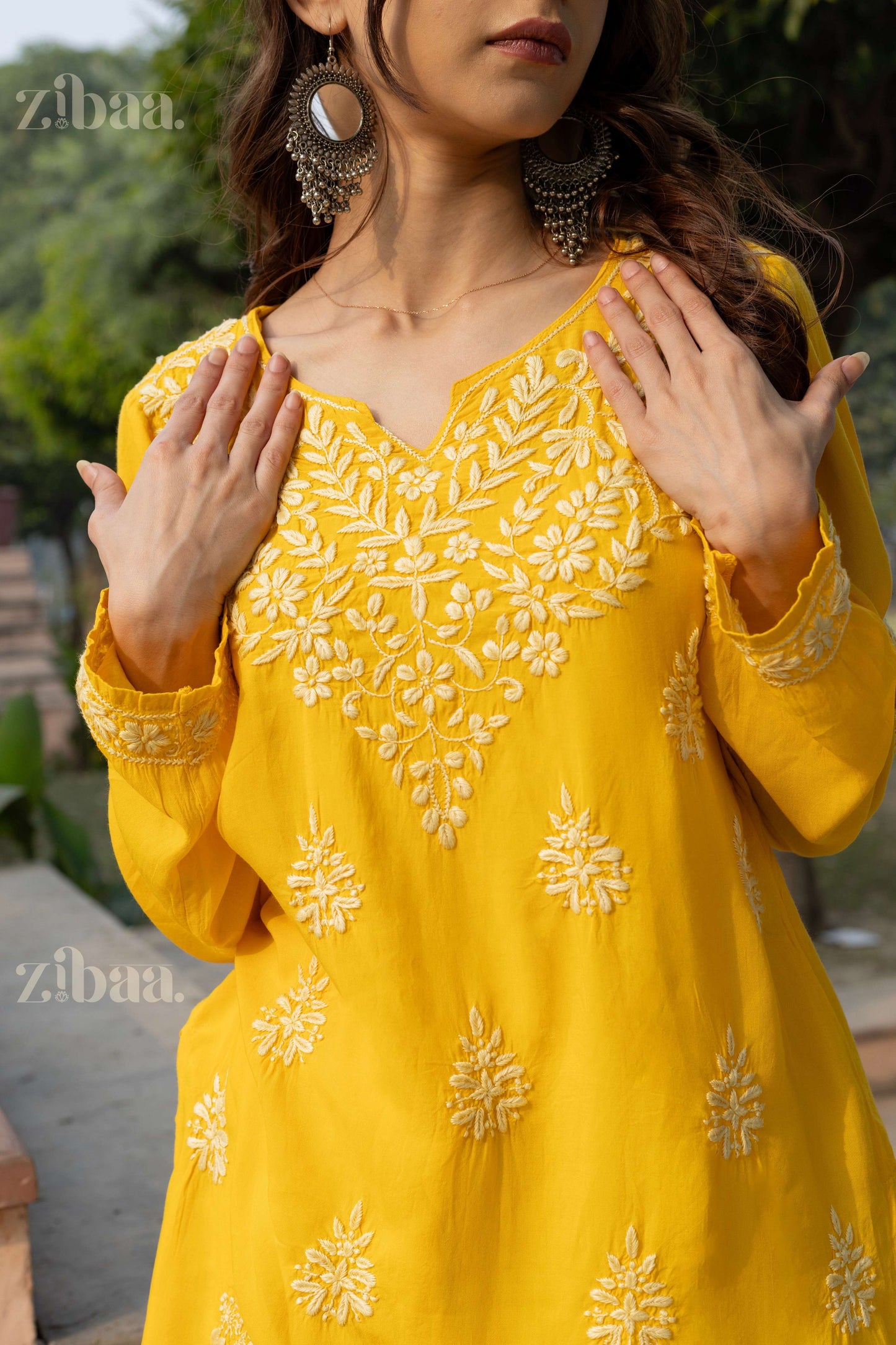 Zibaa Modal Mustard Yellow Short Chikankari Kurti - Swadesiicart