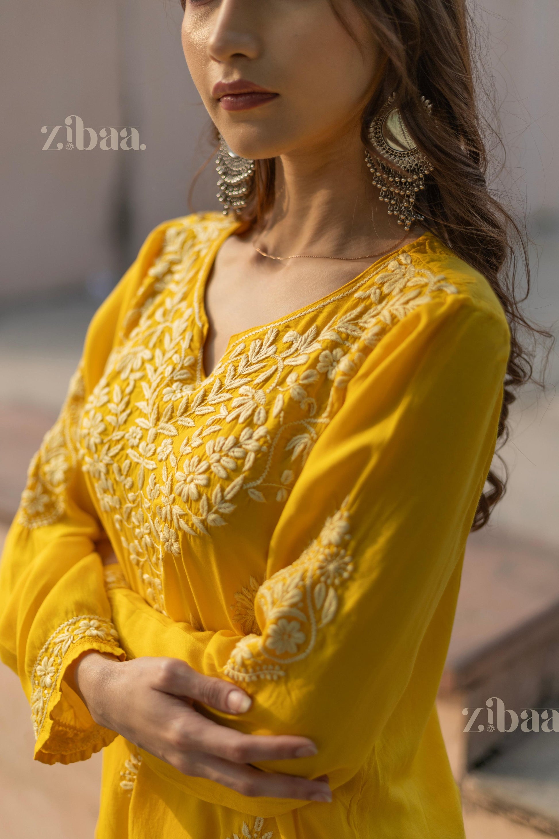 Zibaa Modal Mustard Yellow Short Chikankari Kurti - Swadesiicart