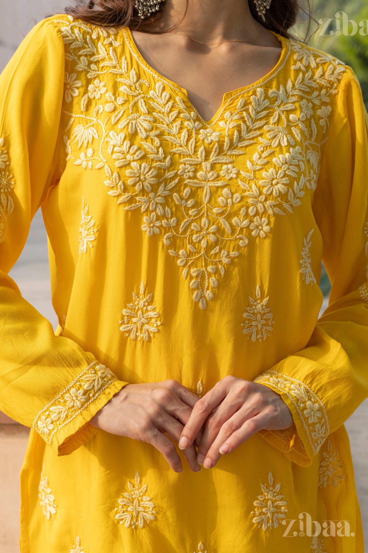 Zibaa Modal Mustard Yellow Short Chikankari Kurti - Swadesiicart