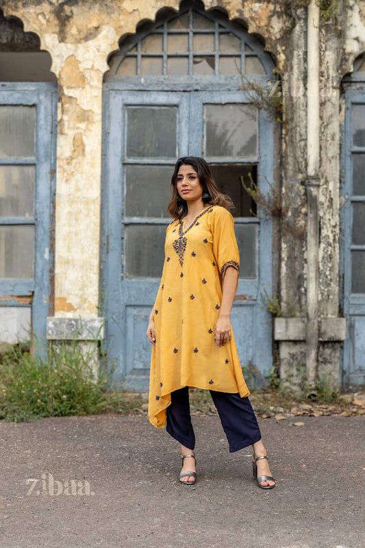 Zibaa Muslin Golden Beige Chikankari Co-ord Set - Swadesiicart