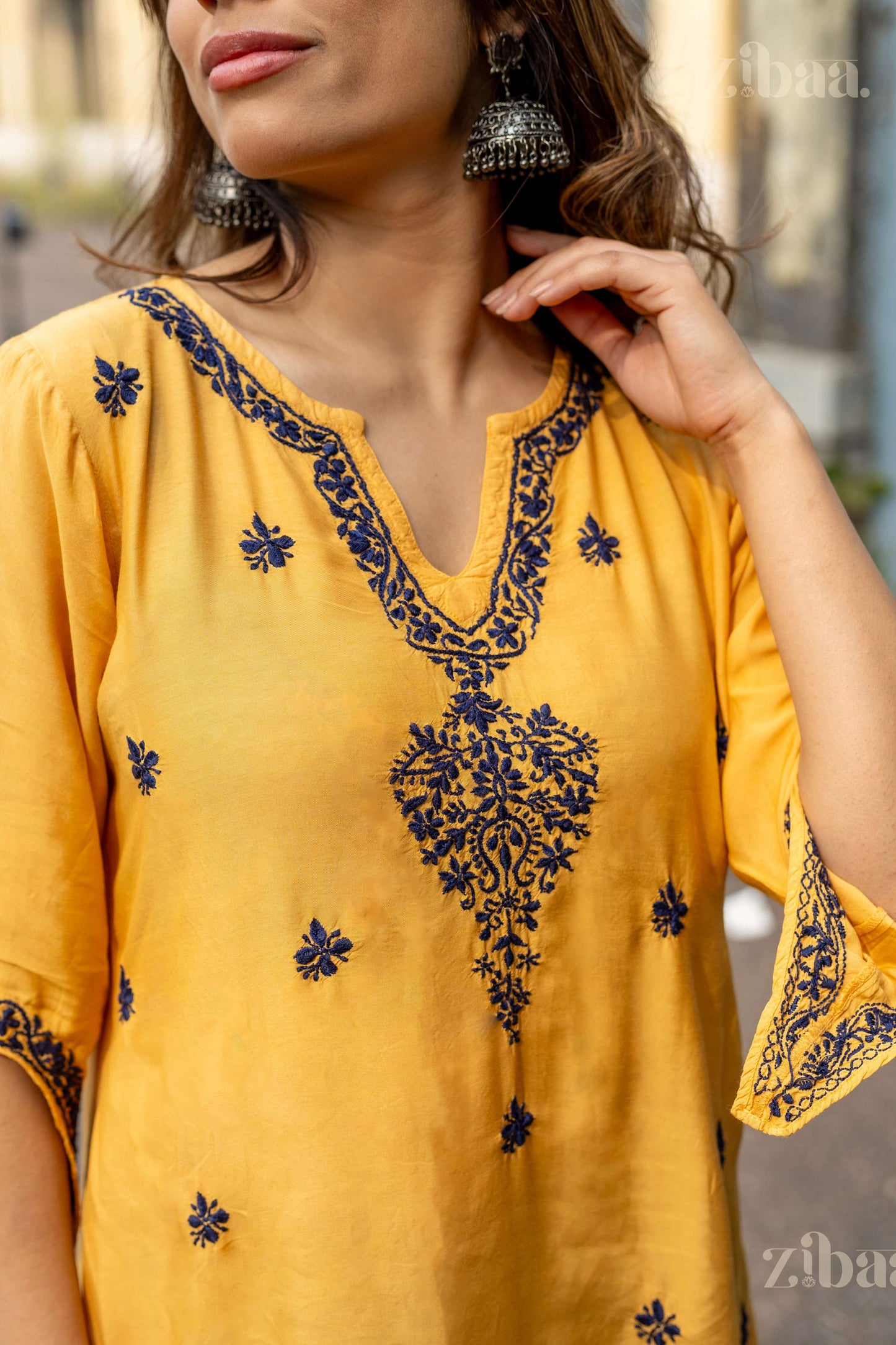 Zibaa Muslin Golden Beige Chikankari Co-ord Set - Swadesiicart