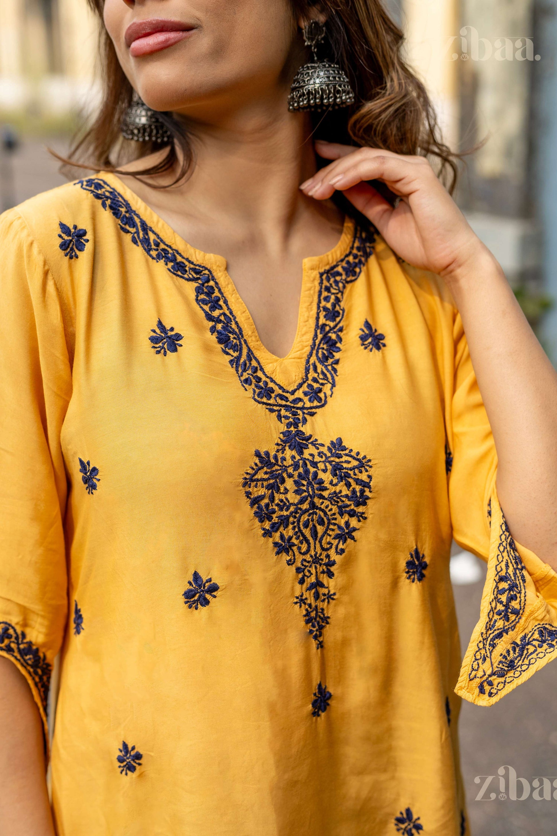 Zibaa Muslin Golden Beige Chikankari Co-ord Set - Swadesiicart