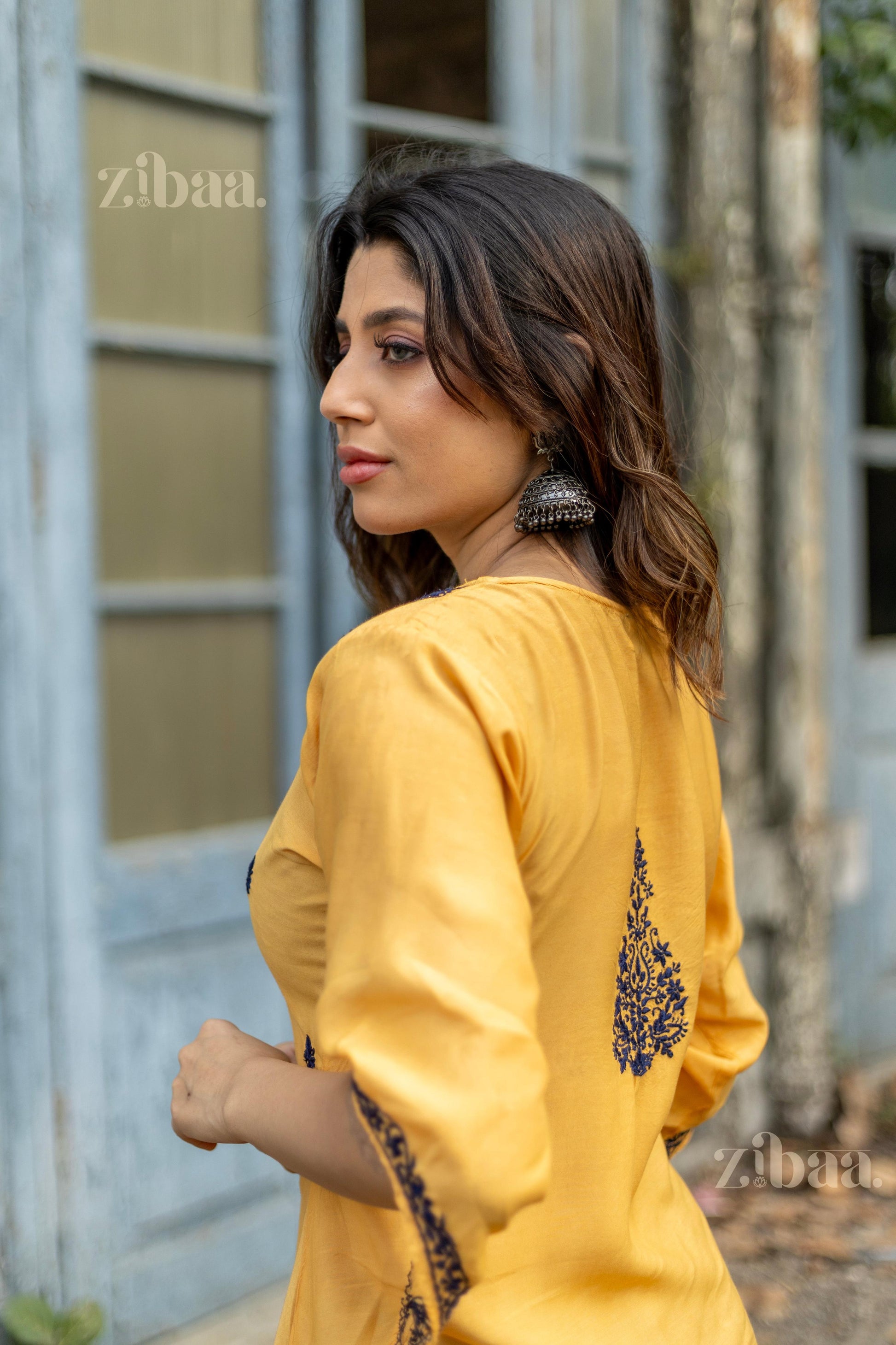 Zibaa Muslin Golden Beige Chikankari Co-ord Set - Swadesiicart