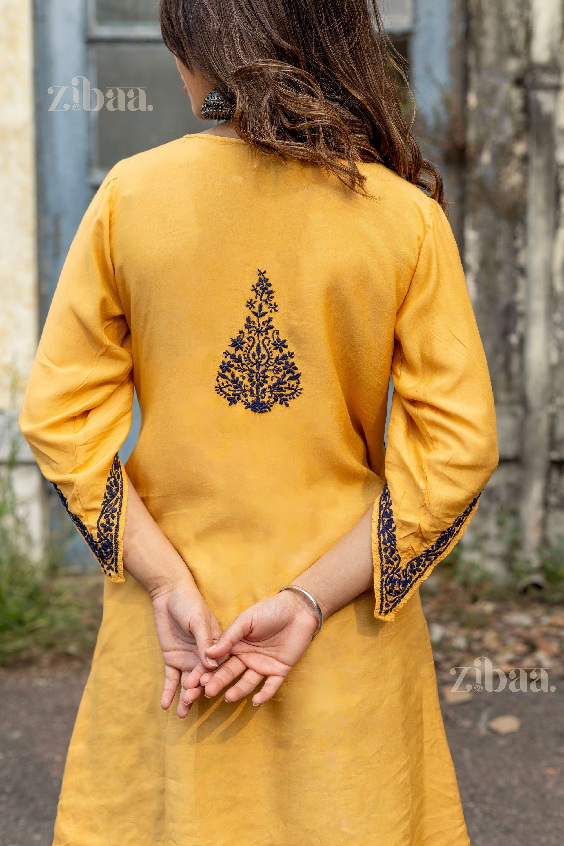Zibaa Muslin Golden Beige Chikankari Co-ord Set - Swadesiicart