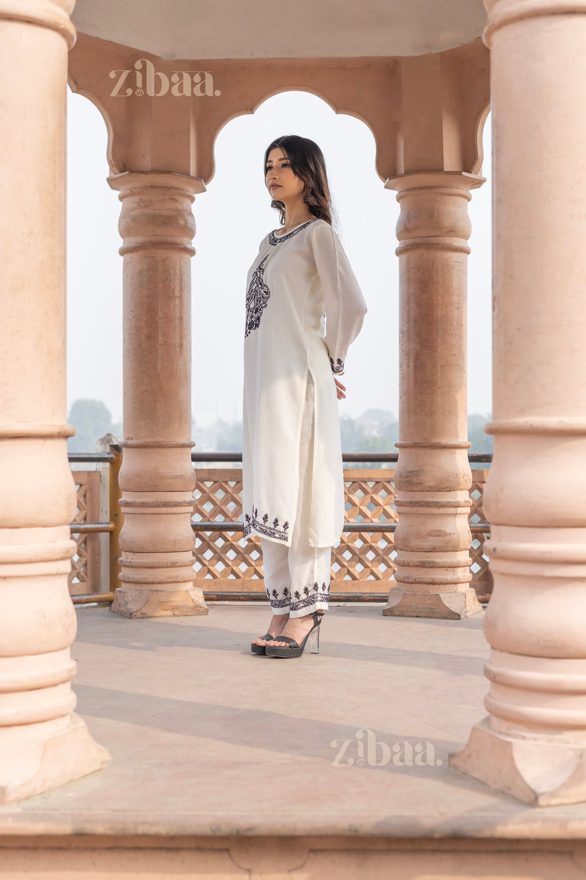 Zibaa Muslin Black & White Chikankari Co-ord Set - Swadesiicart
