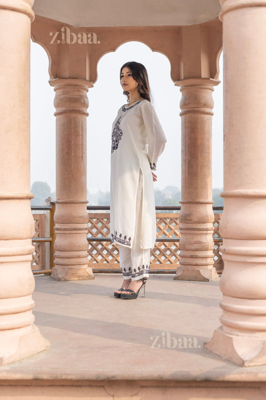 Zibaa Muslin Black & White Chikankari Co-ord Set - Swadesiicart