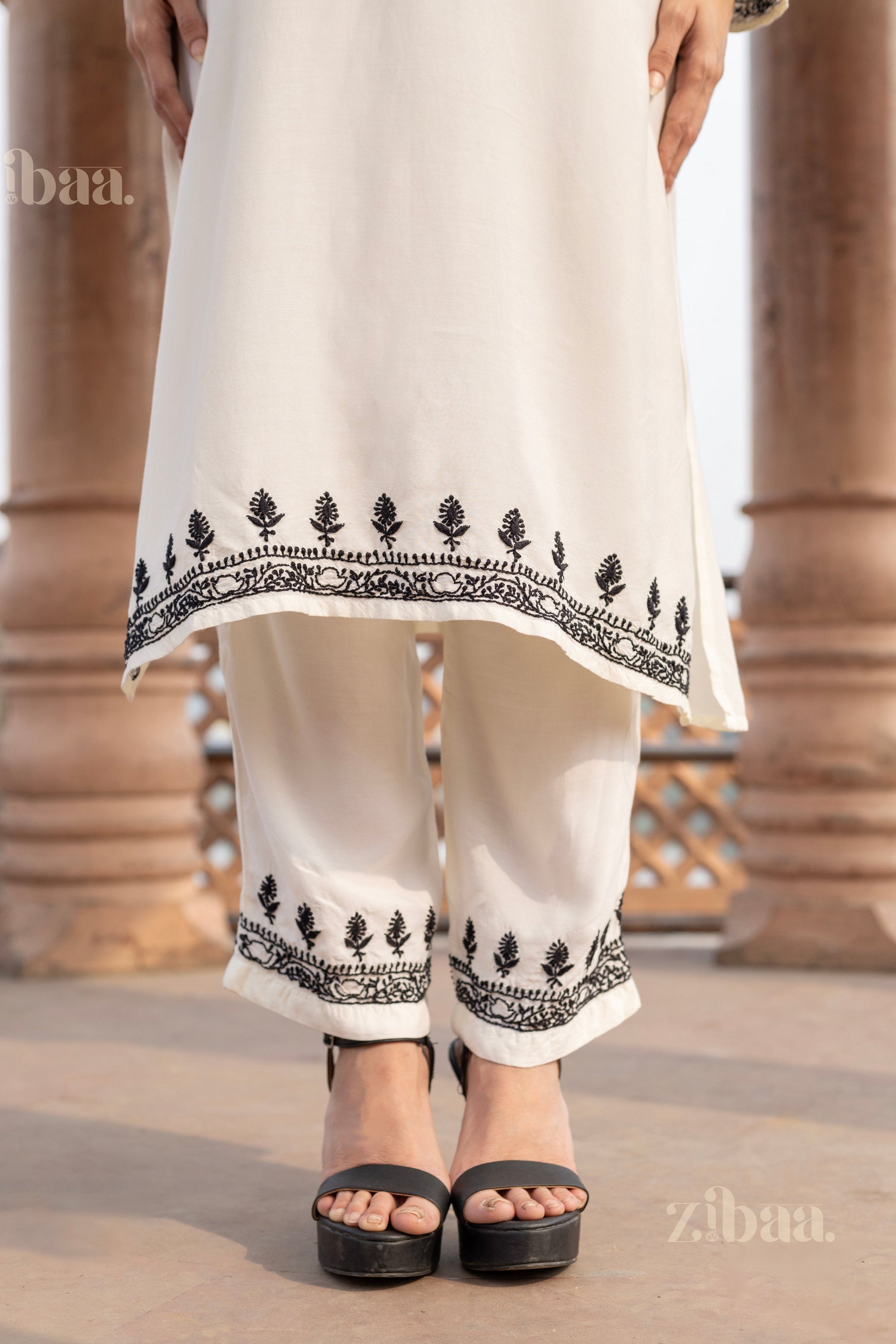 Zibaa Muslin Black & White Chikankari Co-ord Set - Swadesiicart