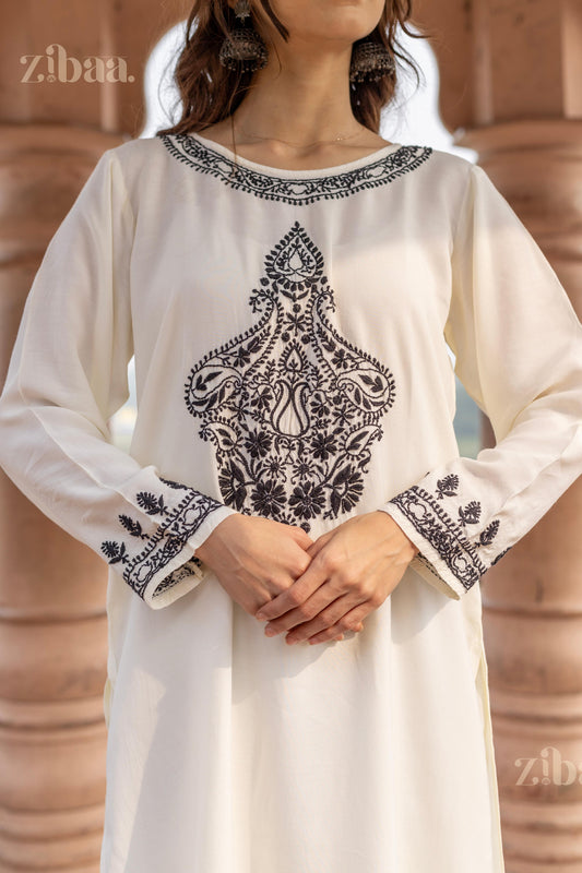 Zibaa Muslin Black & White Chikankari Co-ord Set - Swadesiicart