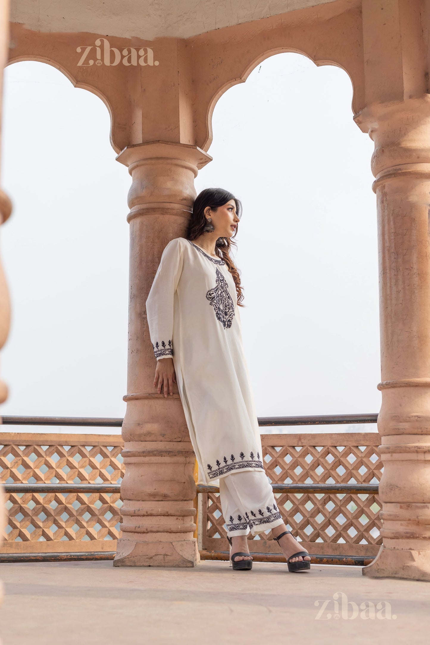 Zibaa Muslin Black & White Chikankari Co-ord Set - Swadesiicart