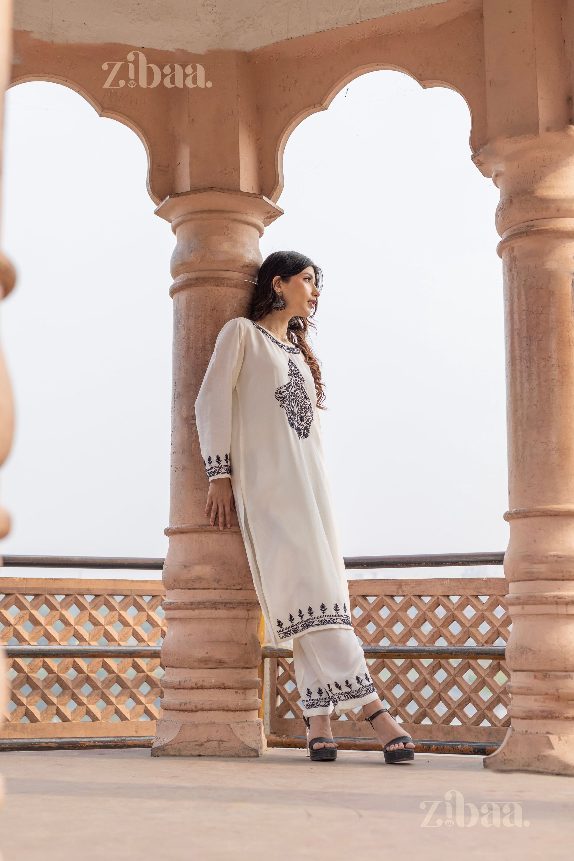 Zibaa Muslin Black & White Chikankari Co-ord Set - Swadesiicart