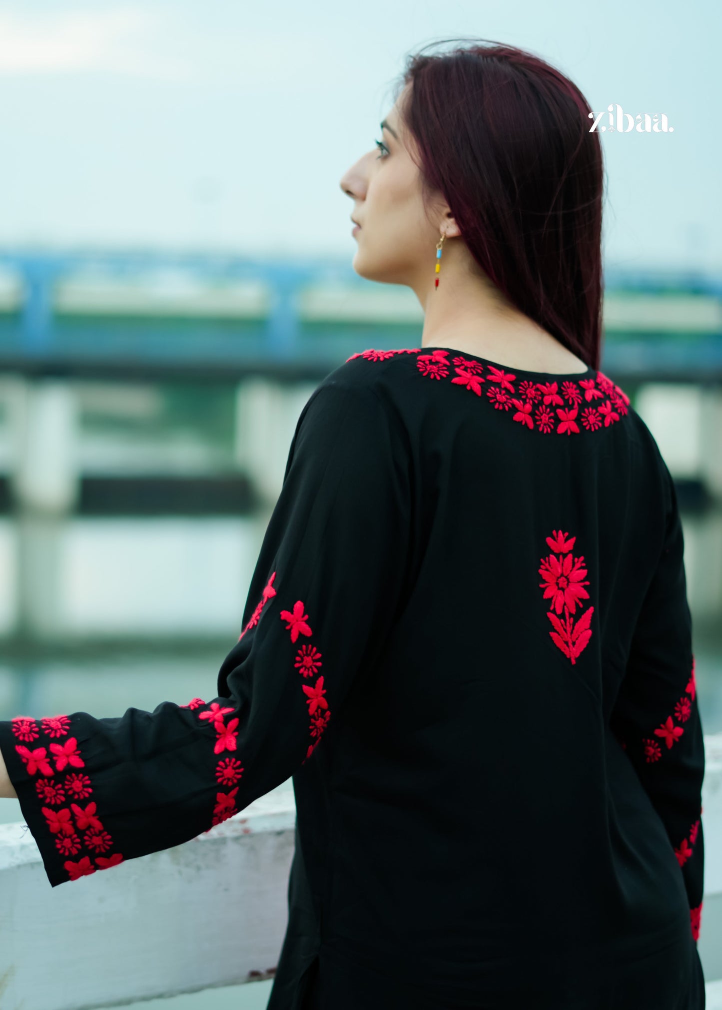 Zibaa Modal Red & Black Chikankari Kurta - Swadesiicart