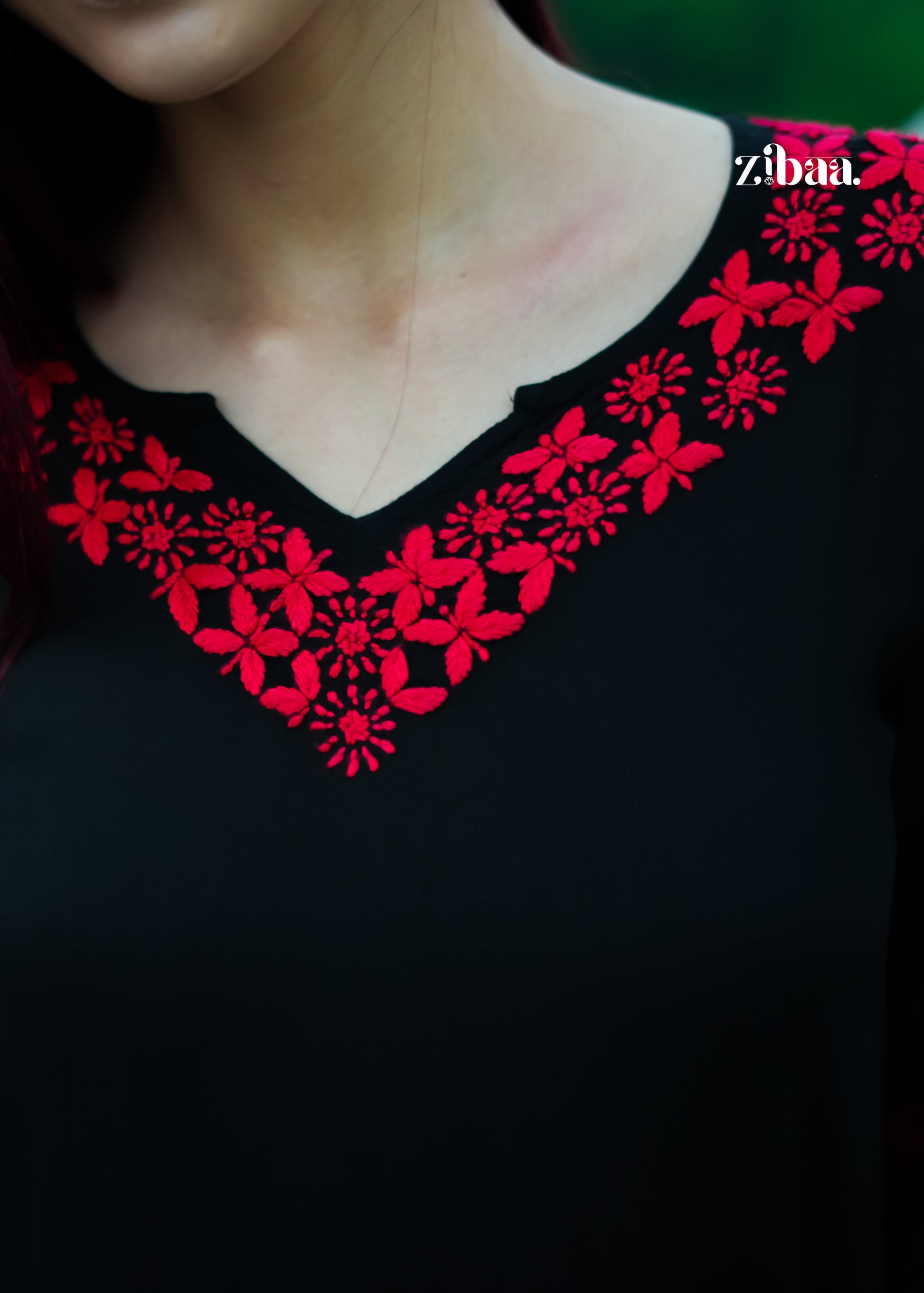 Zibaa Modal Red & Black Chikankari Kurta - Swadesiicart