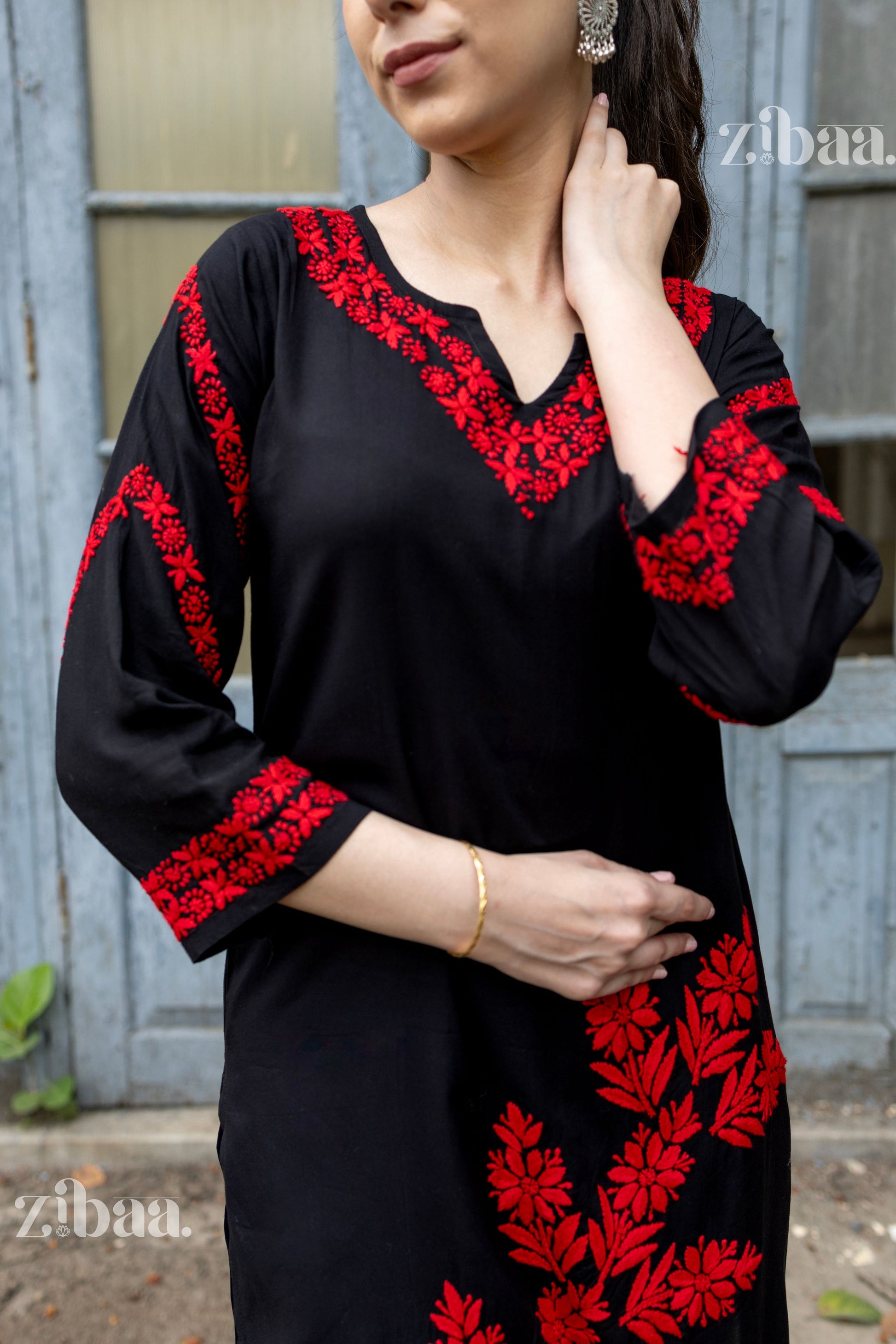 Zibaa Modal Red & Black Chikankari Kurta - Swadesiicart