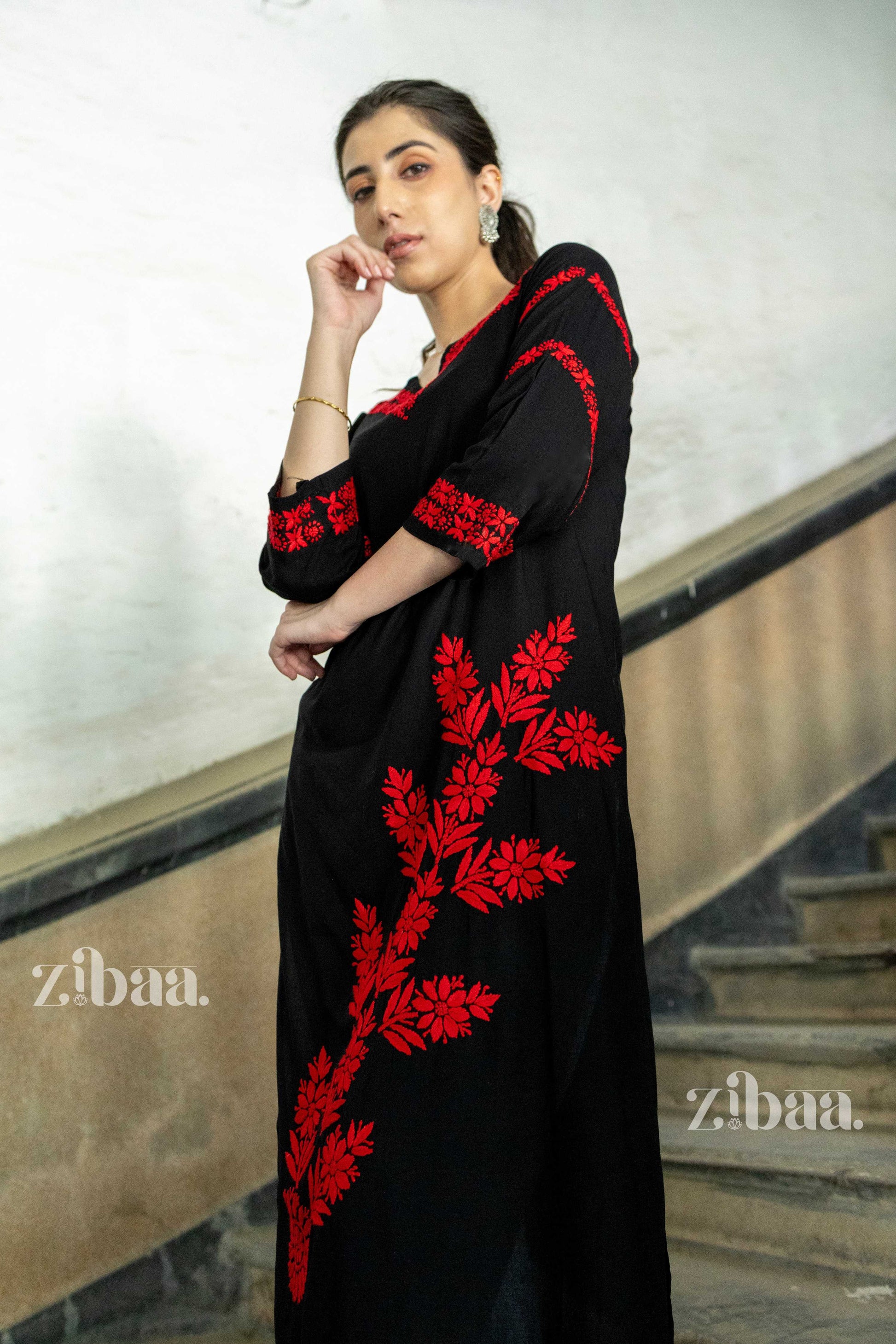 Zibaa Modal Red & Black Chikankari Kurta - Swadesiicart