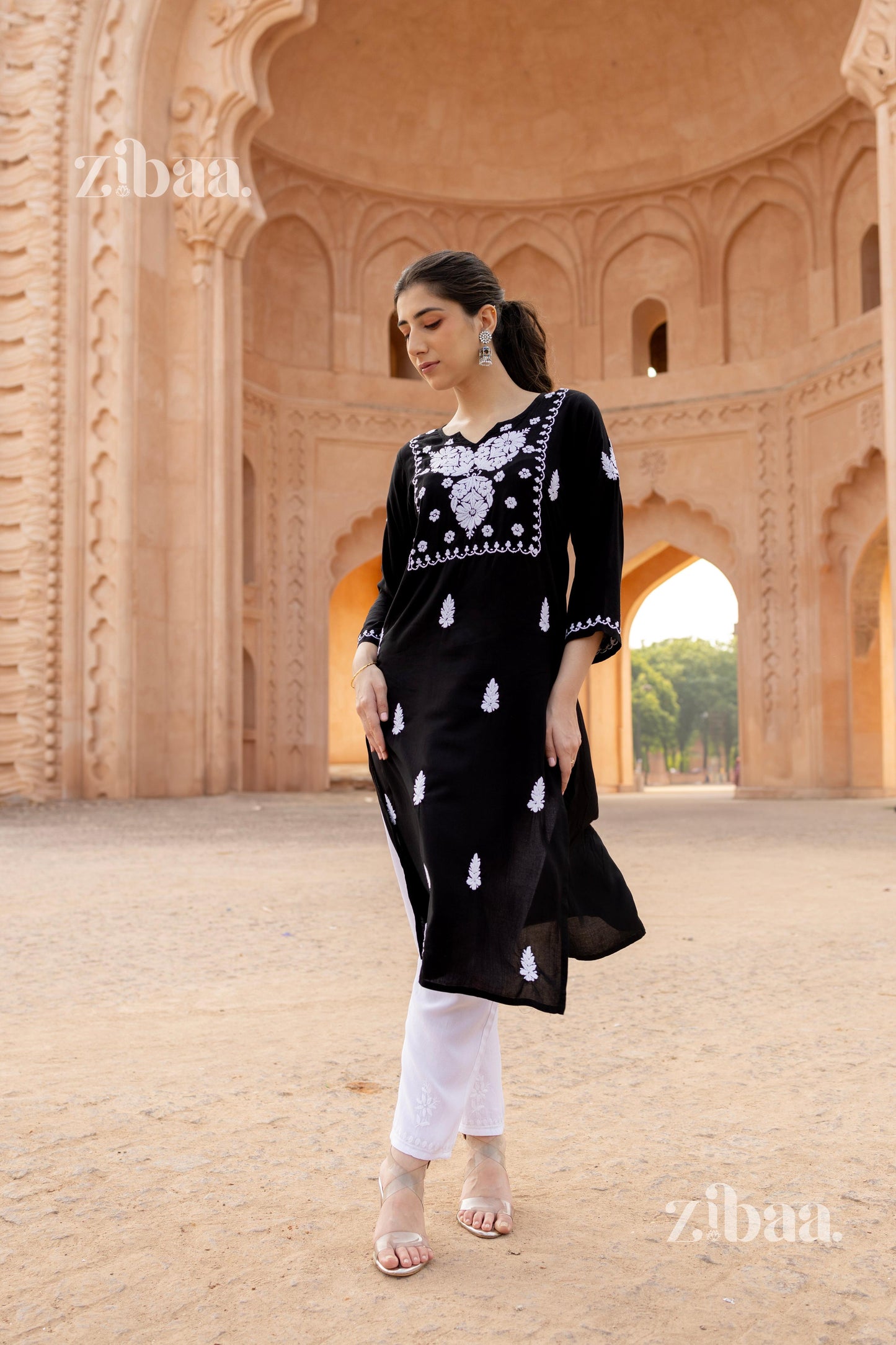 Zibaa Modal White & Black Chikankari Kurti - Swadesiicart