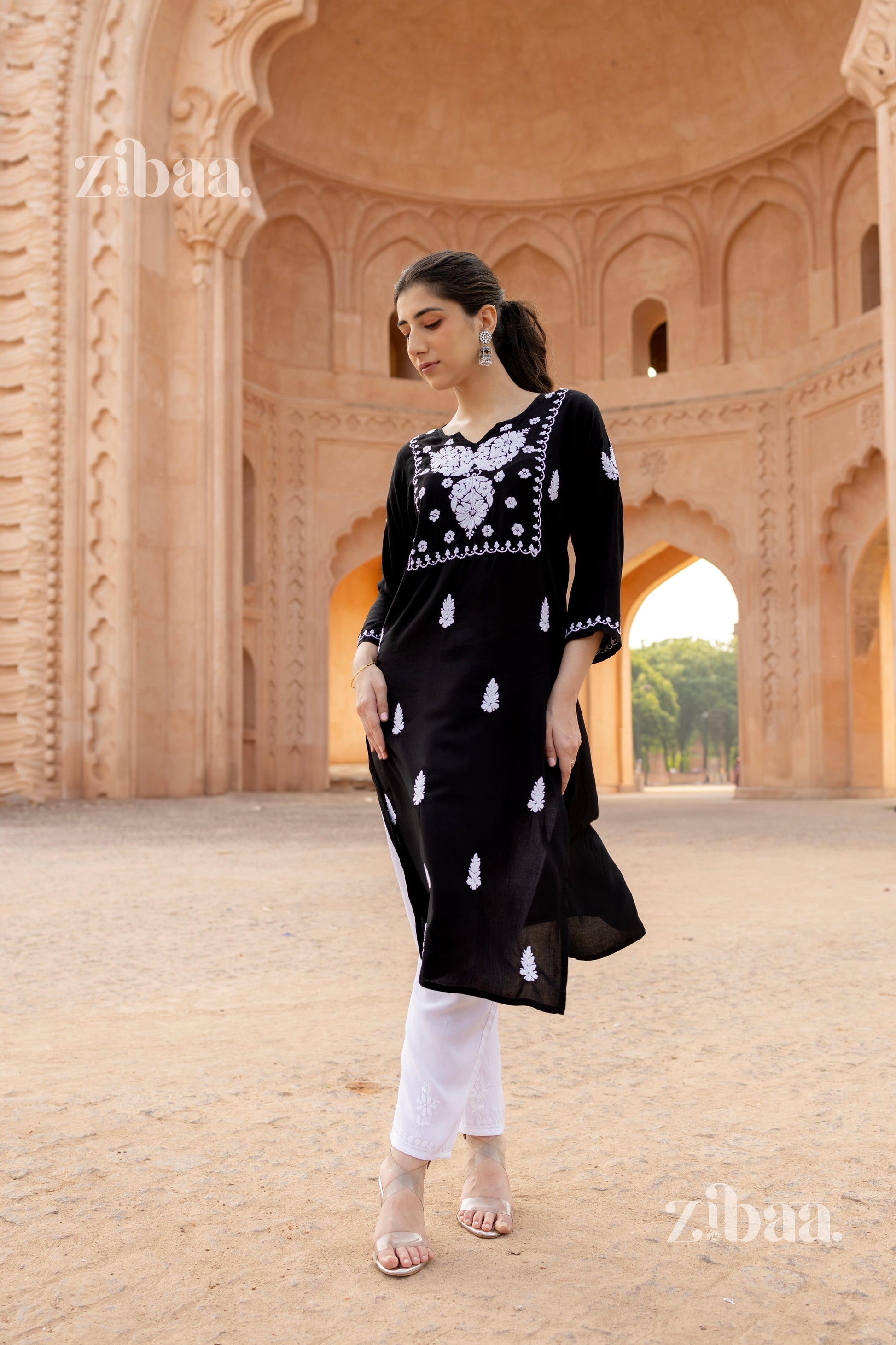 Zibaa Modal White & Black Chikankari Kurti - Swadesiicart