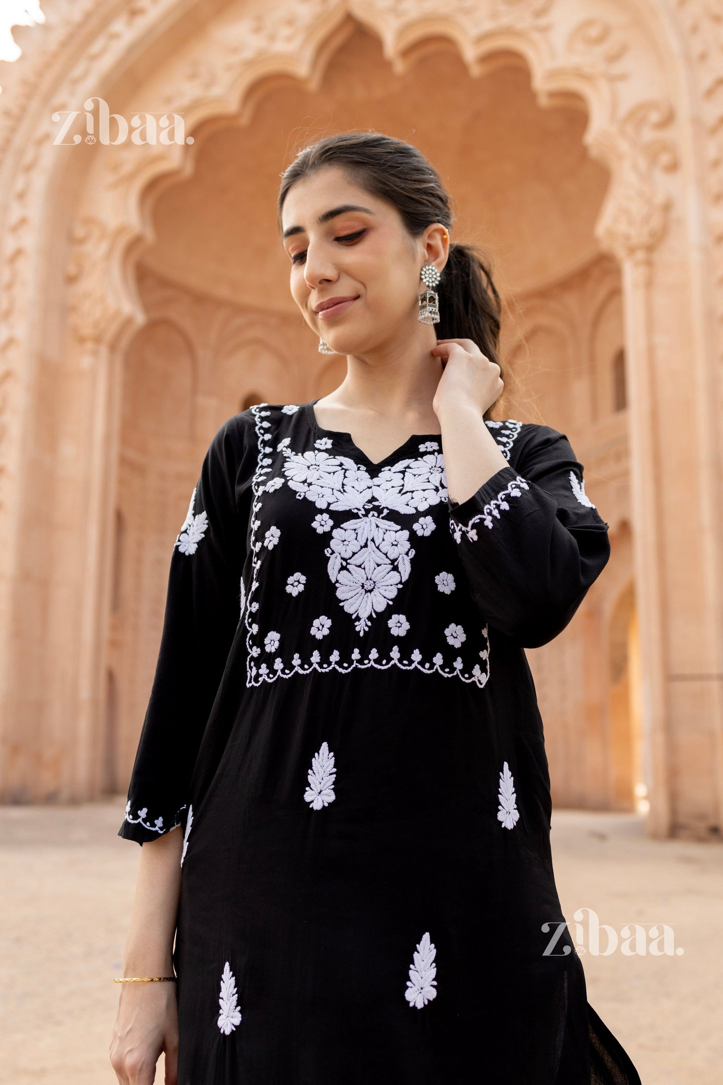 Zibaa Modal White & Black Chikankari Kurti - Swadesiicart