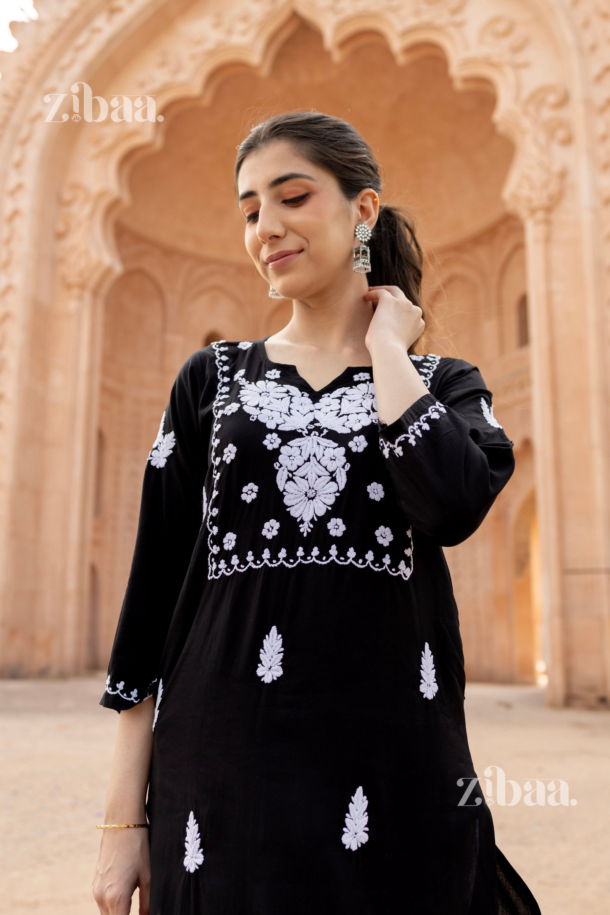 Zibaa Modal White & Black Chikankari Kurti - Swadesiicart