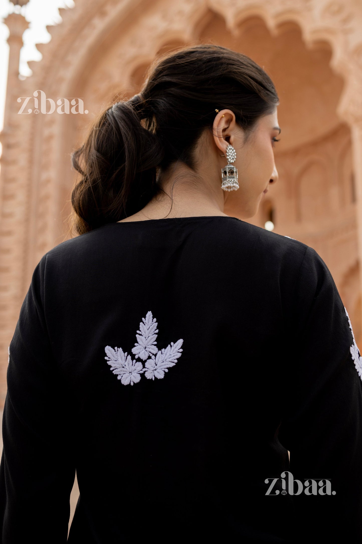 Zibaa Modal White & Black Chikankari Kurti - Swadesiicart