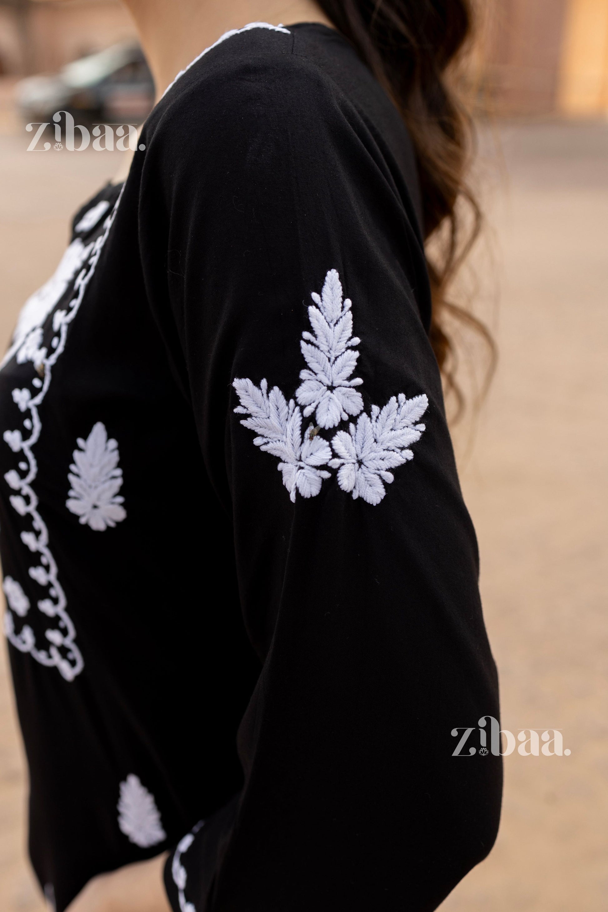 Zibaa Modal White & Black Chikankari Kurti - Swadesiicart
