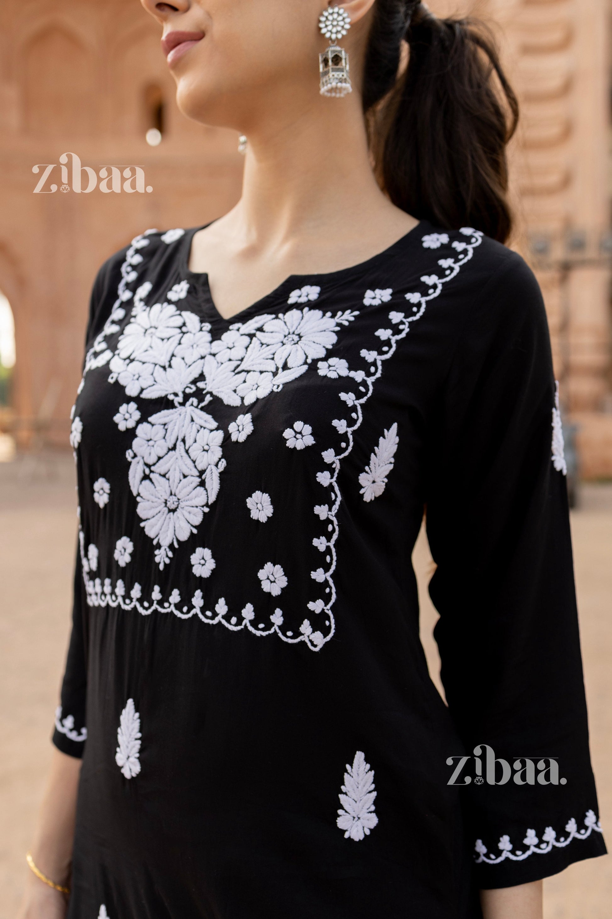 Zibaa Modal White & Black Chikankari Kurti - Swadesiicart