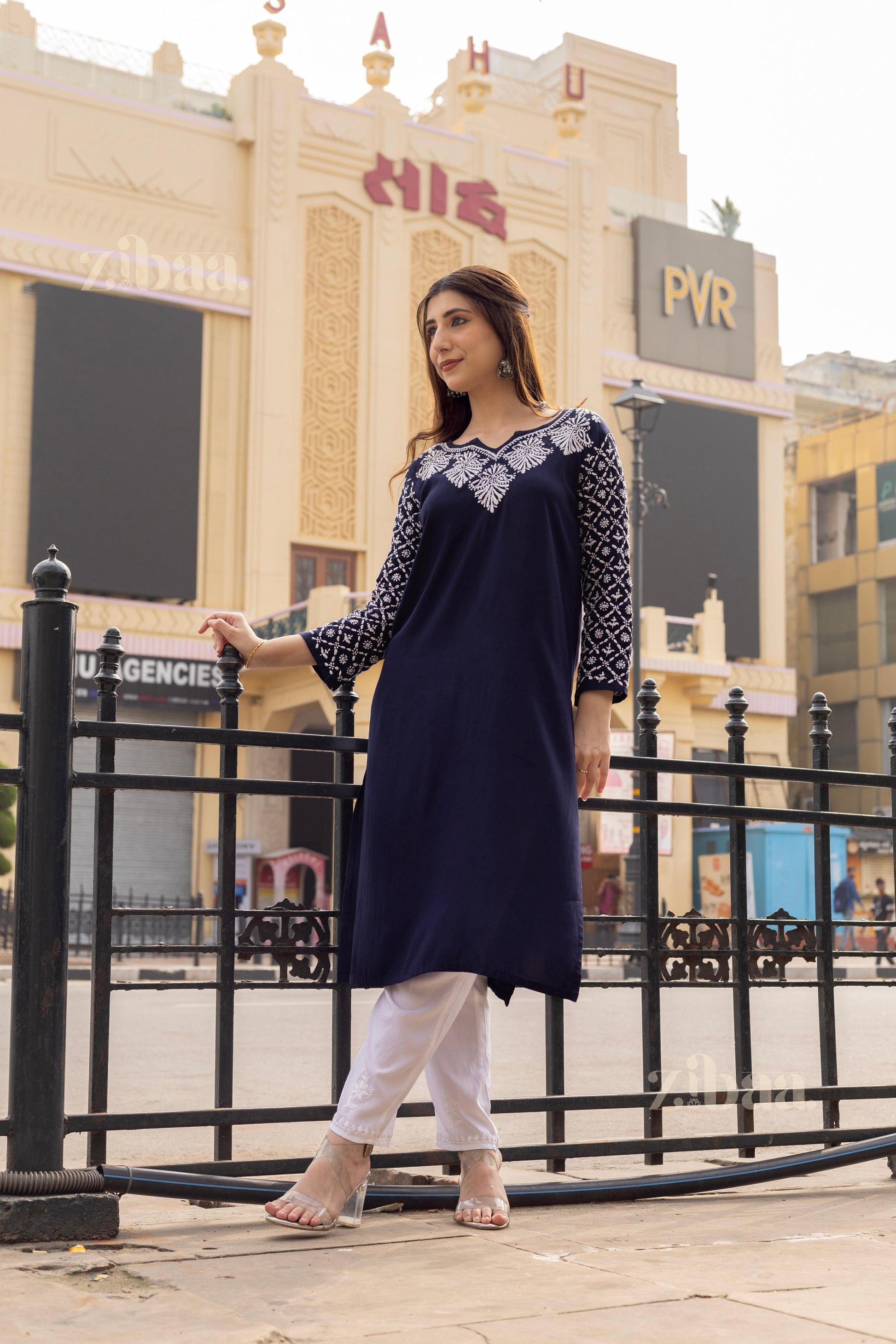 Zibaa Rayon Chikankari Kurti with Jaal work - Swadesiicart
