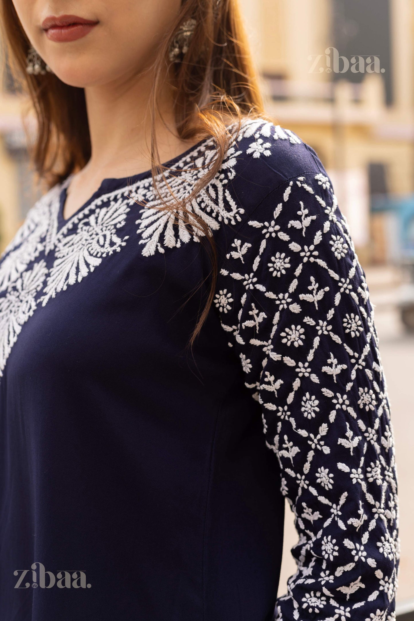 Zibaa Rayon Chikankari Kurti with Jaal work - Swadesiicart