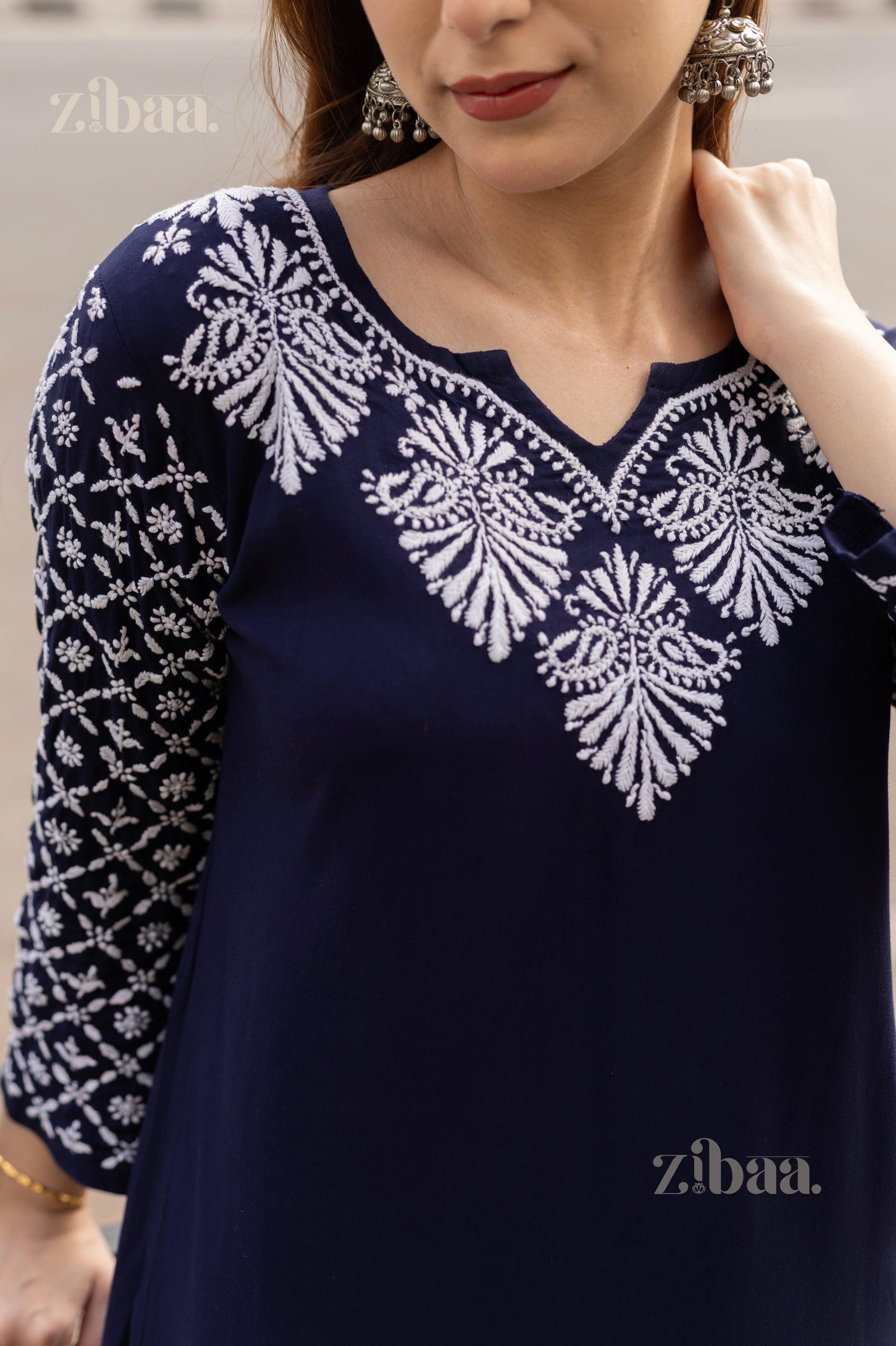 Zibaa Rayon Chikankari Kurti with Jaal work - Swadesiicart