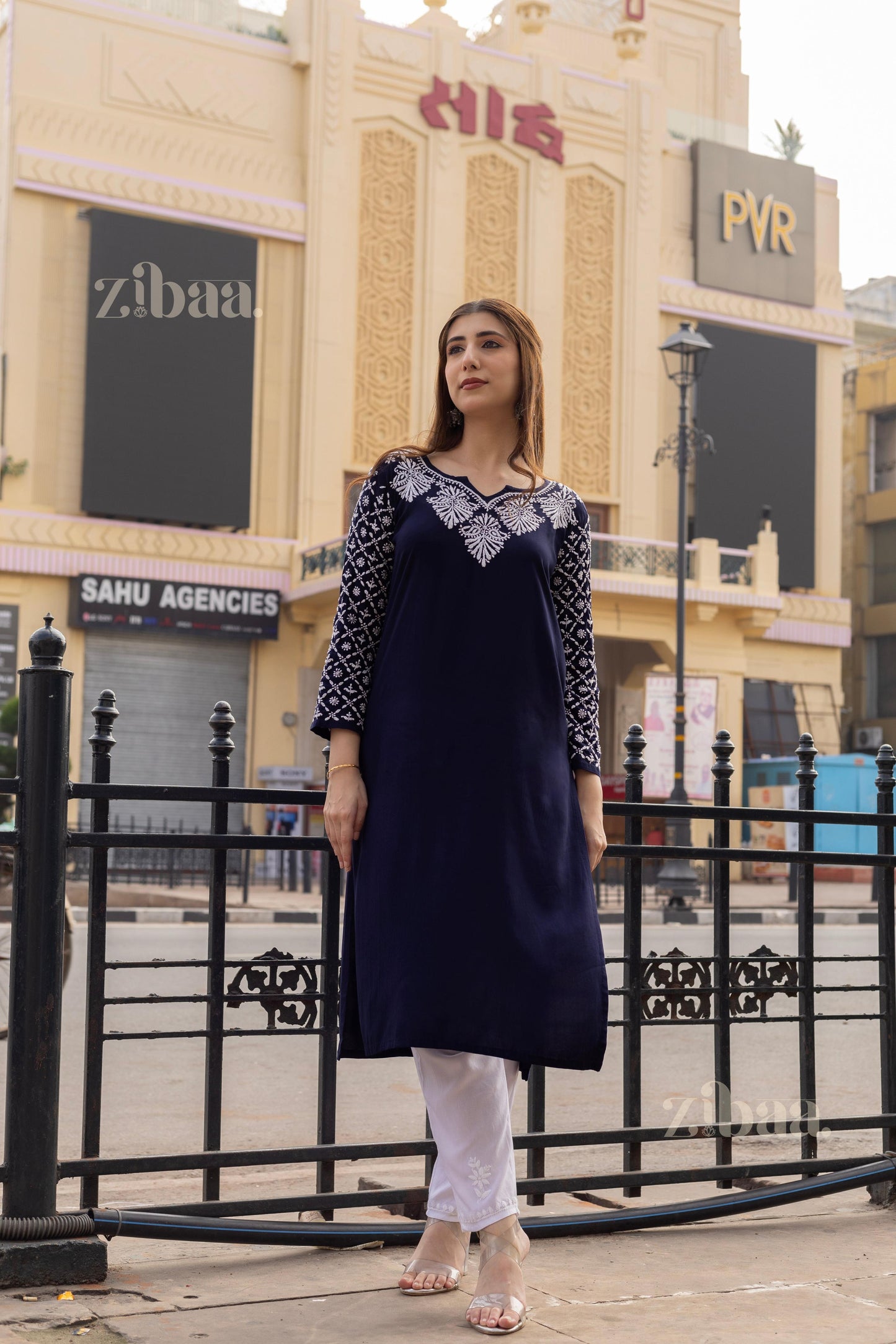 Zibaa Rayon Chikankari Kurti with Jaal work - Swadesiicart