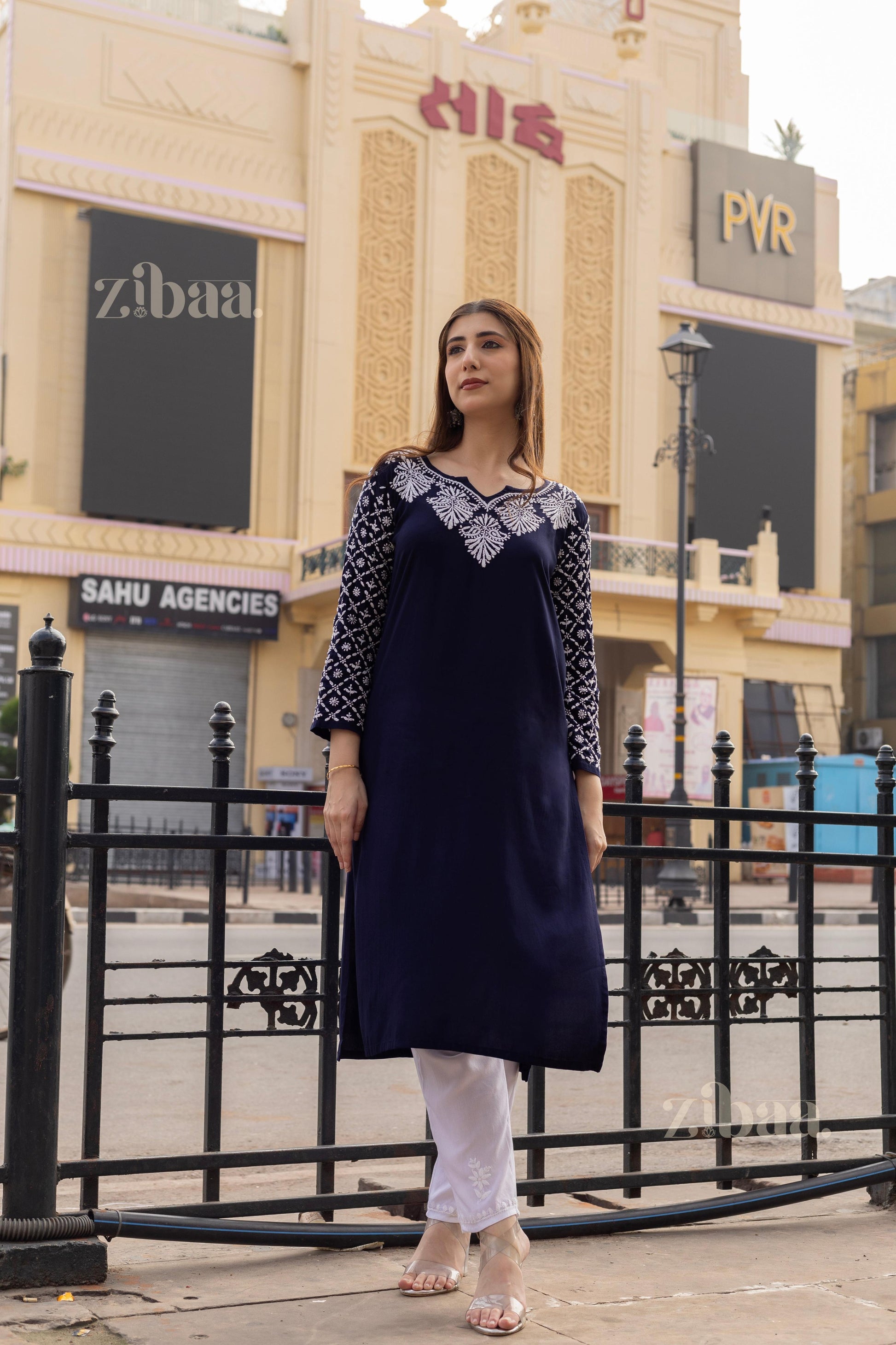 Zibaa Rayon Chikankari Kurti with Jaal work - Swadesiicart