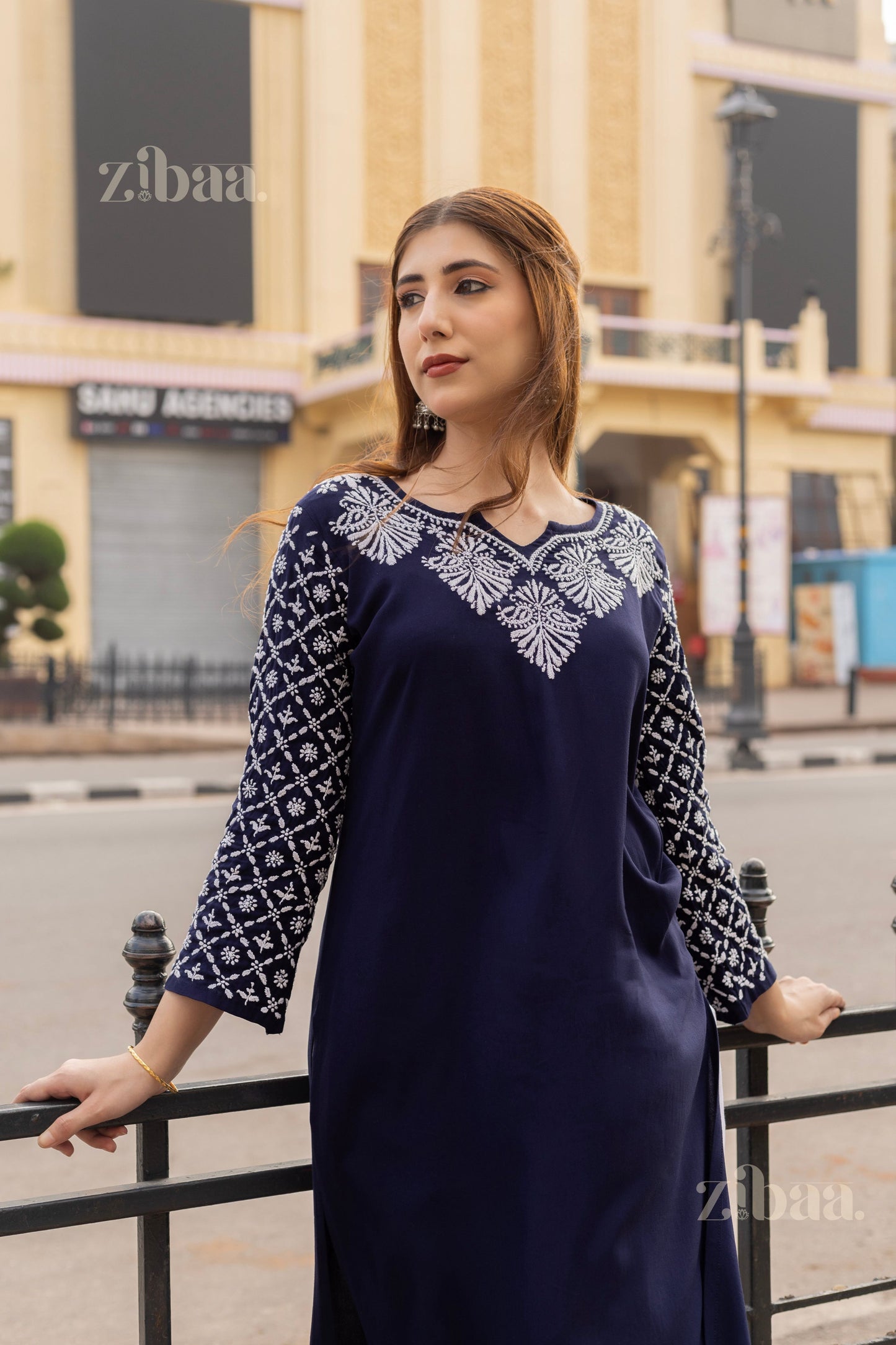 Zibaa Rayon Chikankari Kurti with Jaal work - Swadesiicart