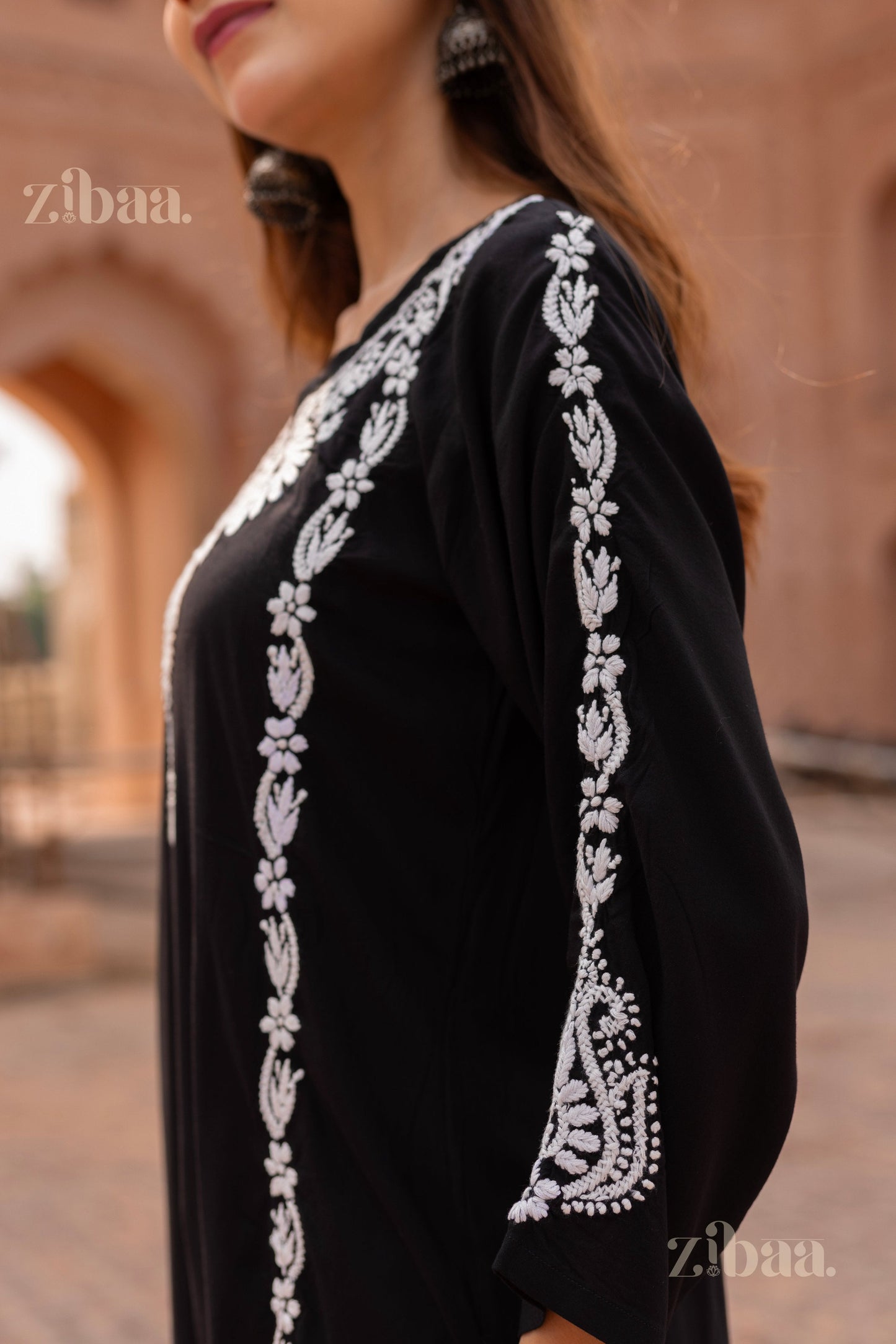 Zibaa Modal Black Chikankari Kurti - Swadesiicart
