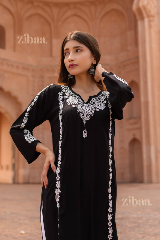 Zibaa Modal Black Chikankari Kurti - Swadesiicart