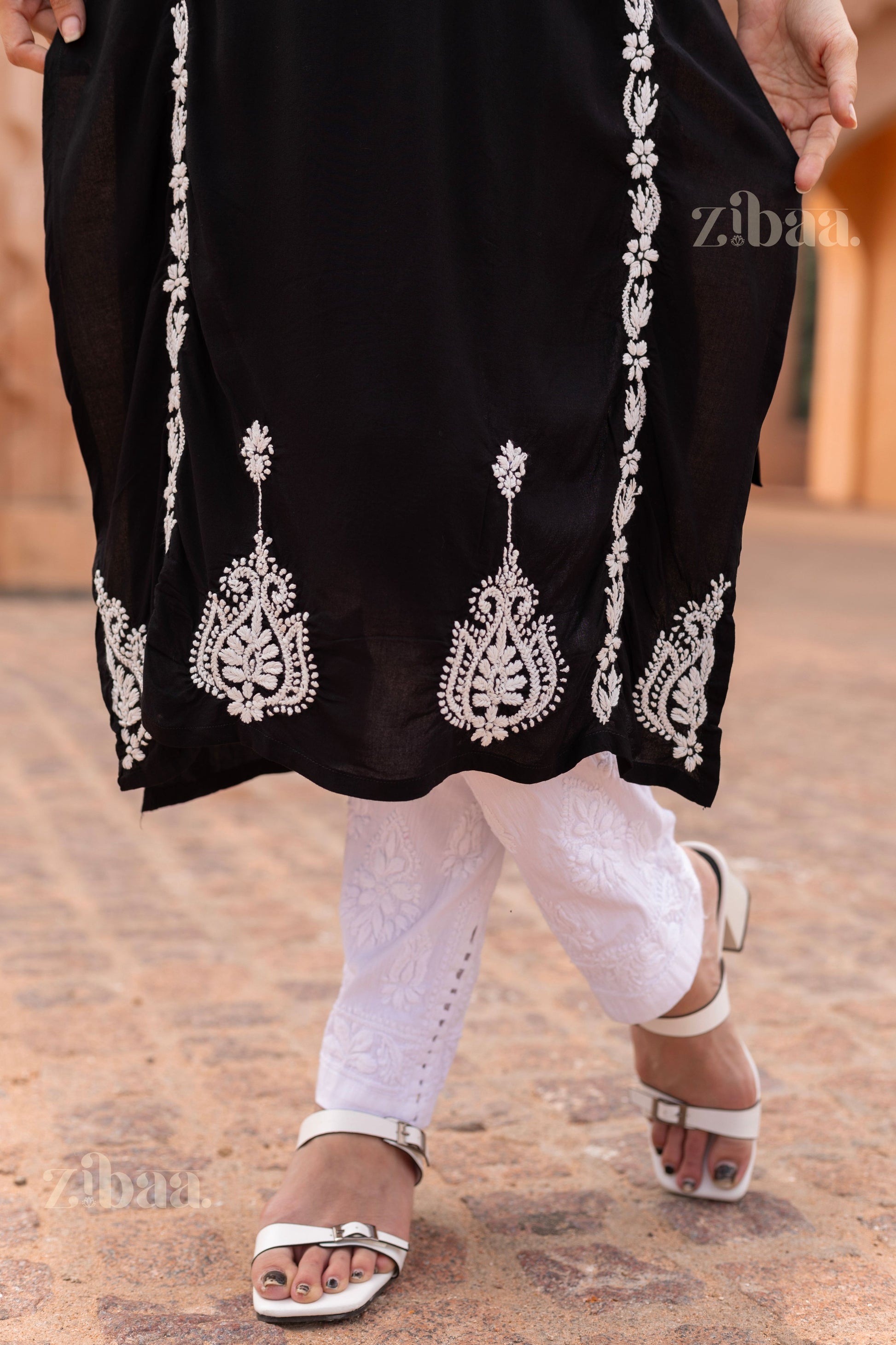 Zibaa Modal Black Chikankari Kurti - Swadesiicart