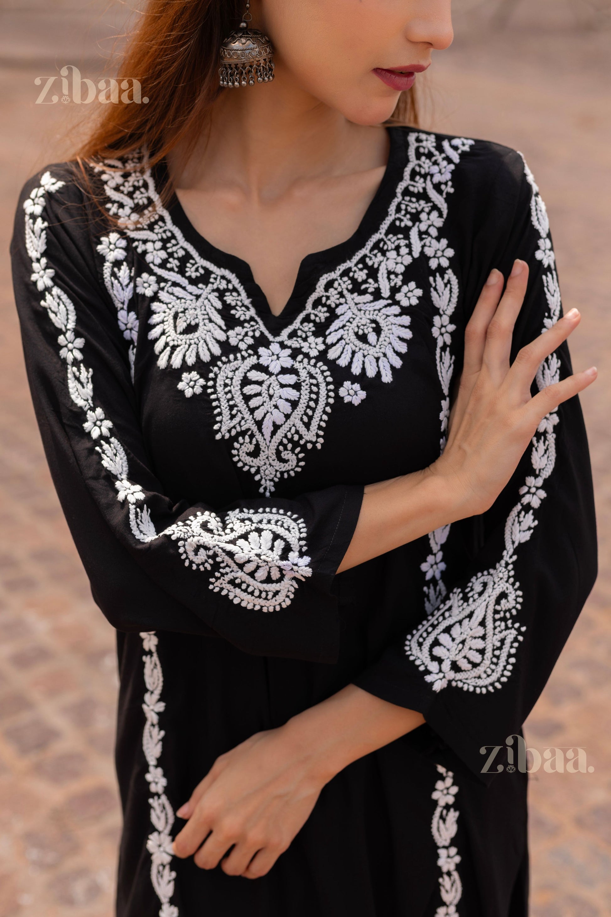 Zibaa Modal Black Chikankari Kurti - Swadesiicart