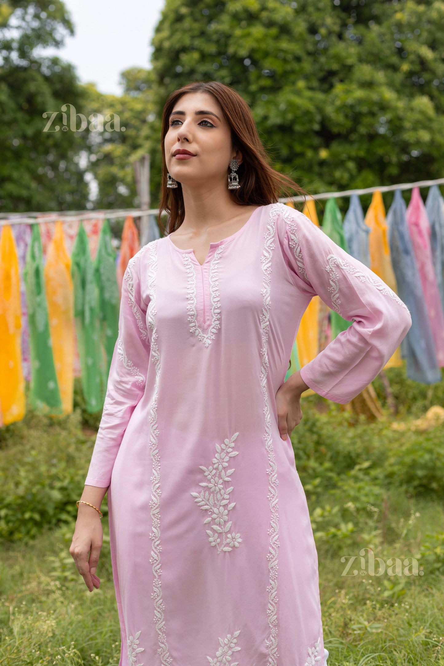 Zibaa Modal Pink Chikankari Kurti - Swadesiicart