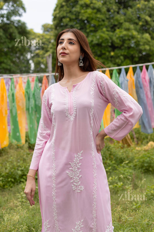Zibaa Modal Pink Chikankari Kurti - Swadesiicart