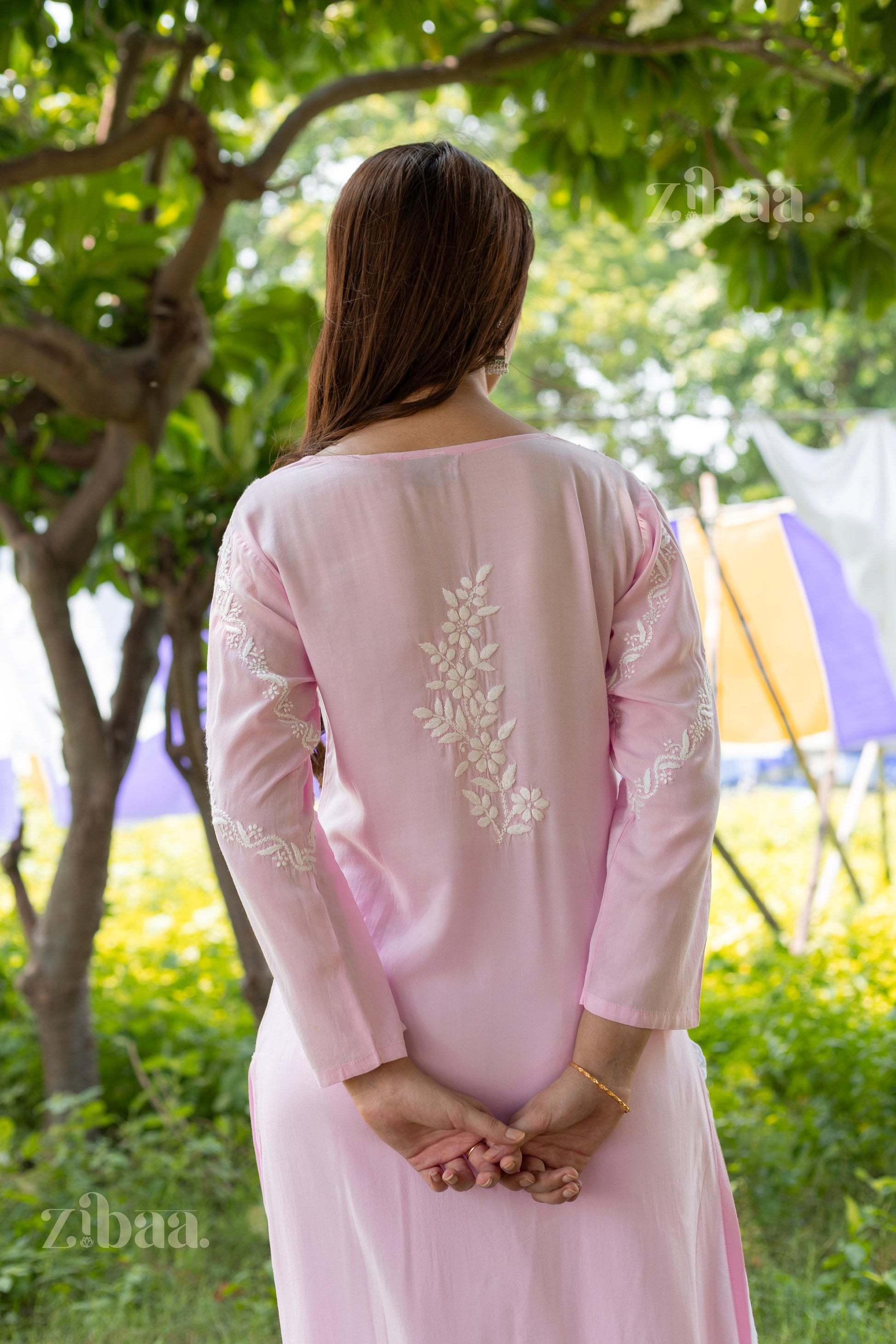 Zibaa Modal Pink Chikankari Kurti - Swadesiicart