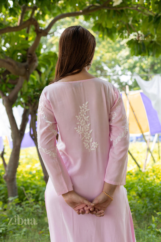 Zibaa Modal Pink Chikankari Kurti - Swadesiicart