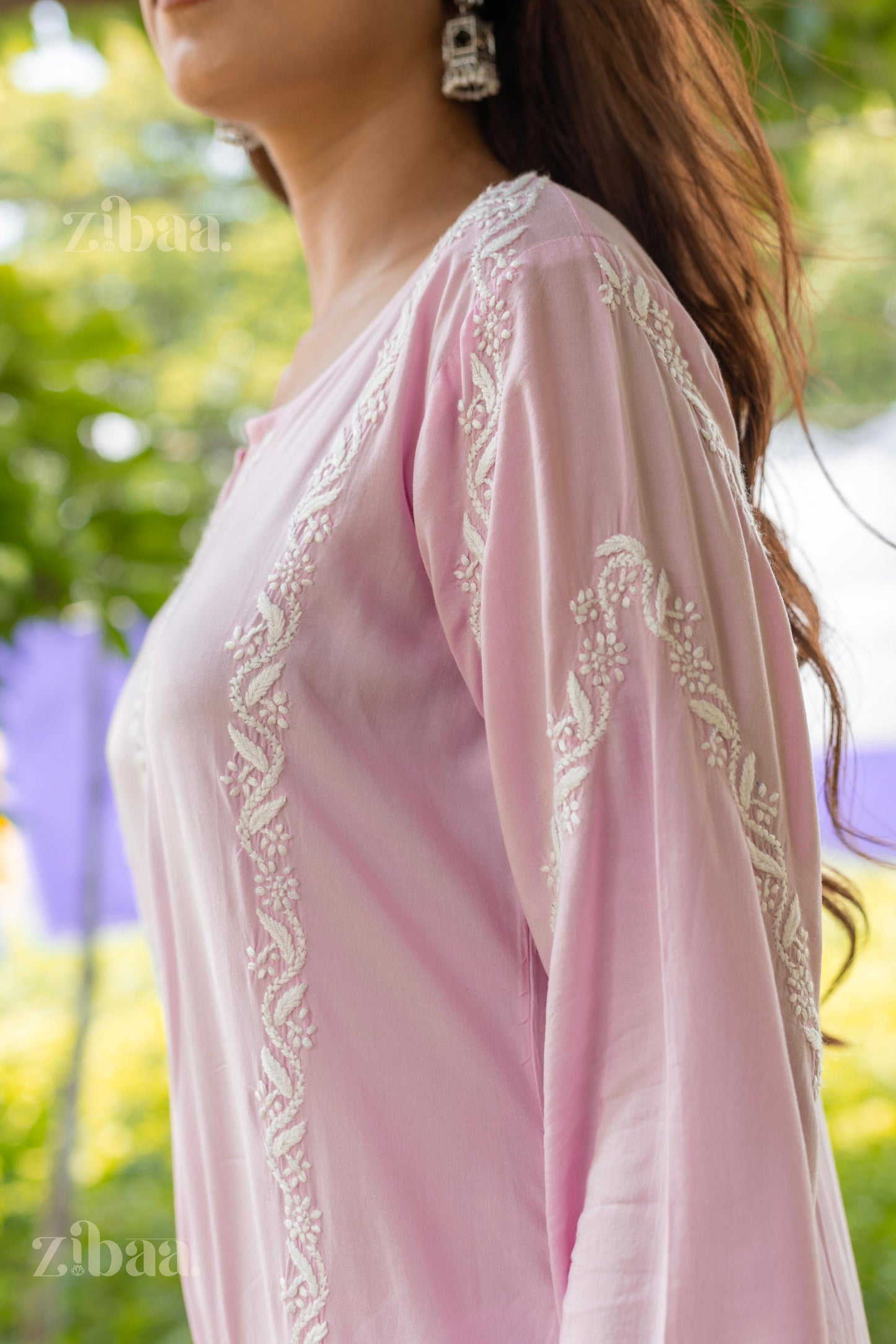 Zibaa Modal Pink Chikankari Kurti - Swadesiicart