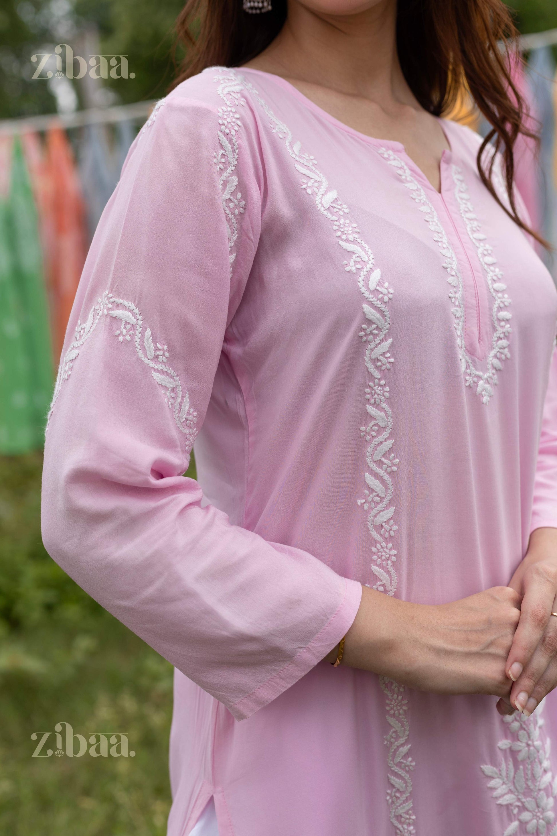 Zibaa Modal Pink Chikankari Kurti - Swadesiicart