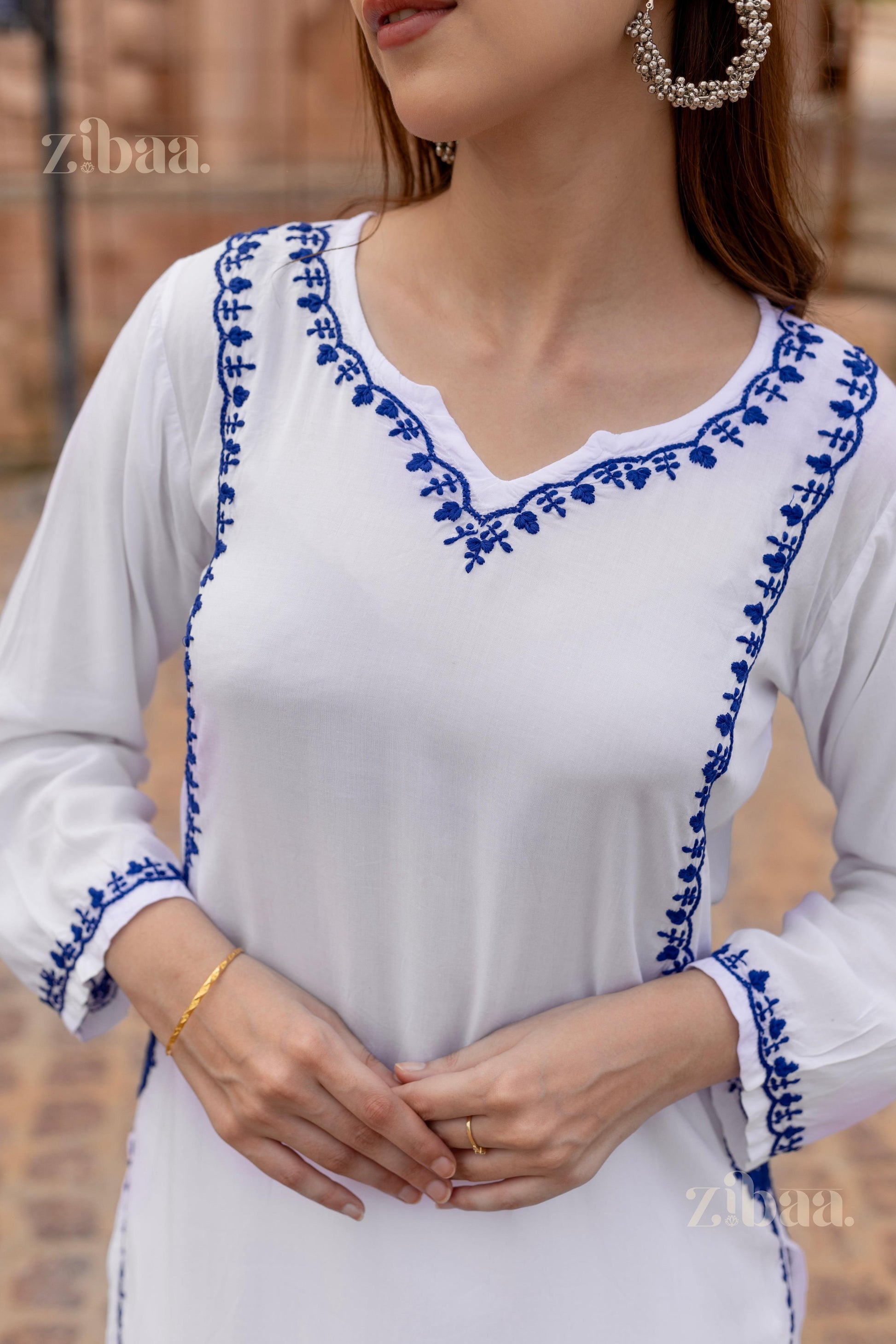 Zibaa Rayon White Chikankari Kurti - Swadesiicart