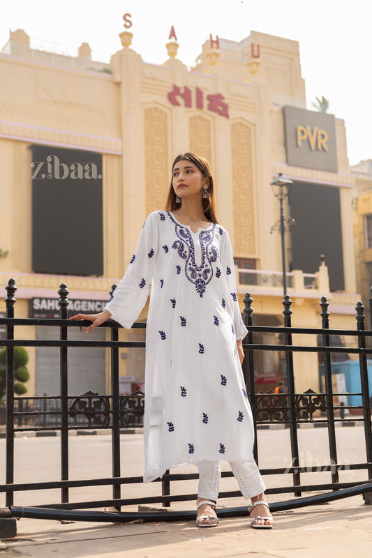 Zibaa Rayon White Chikankari Kurti with small motifs - Swadesiicart