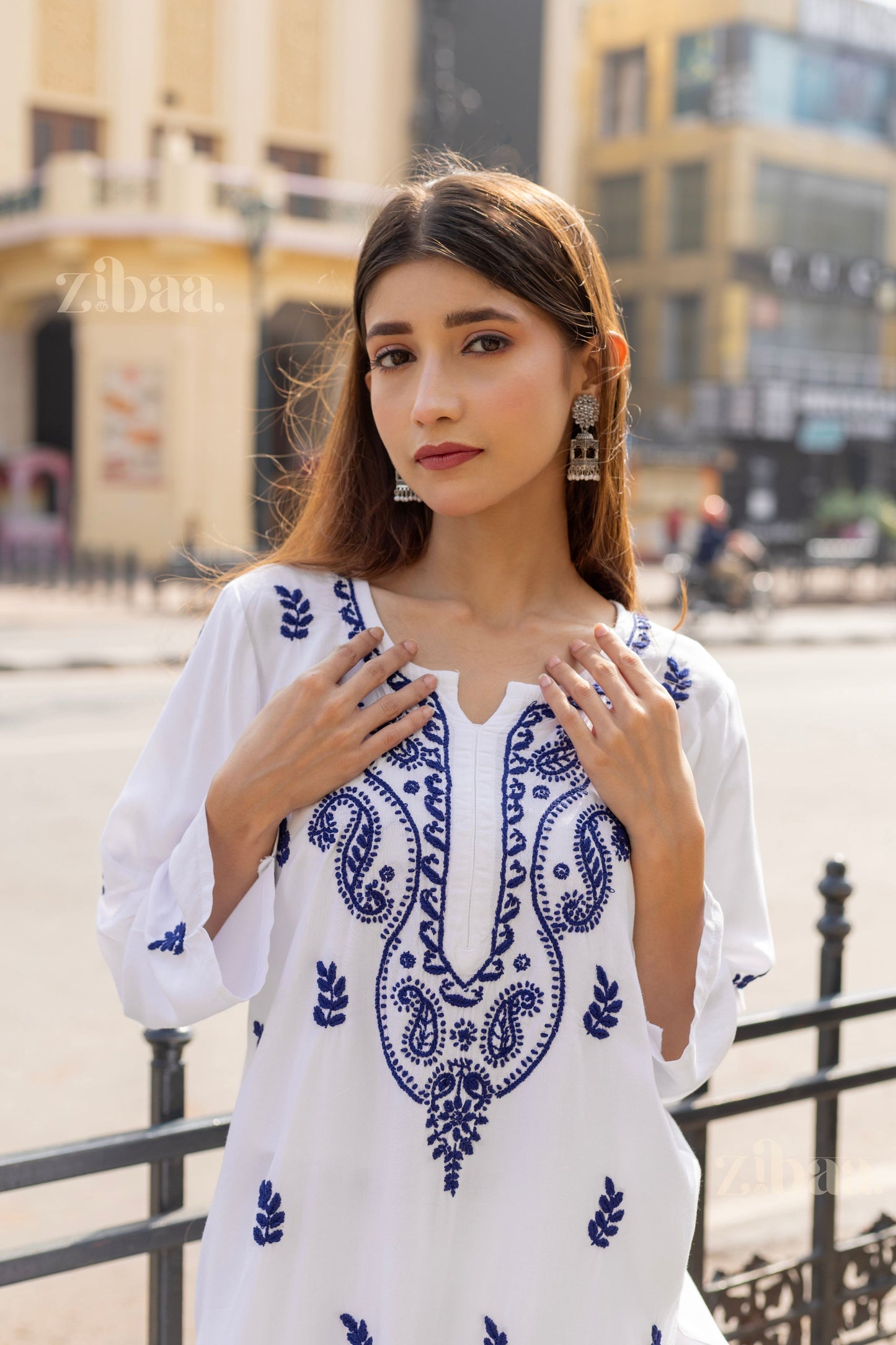 Zibaa Rayon White Chikankari Kurti with small motifs - Swadesiicart