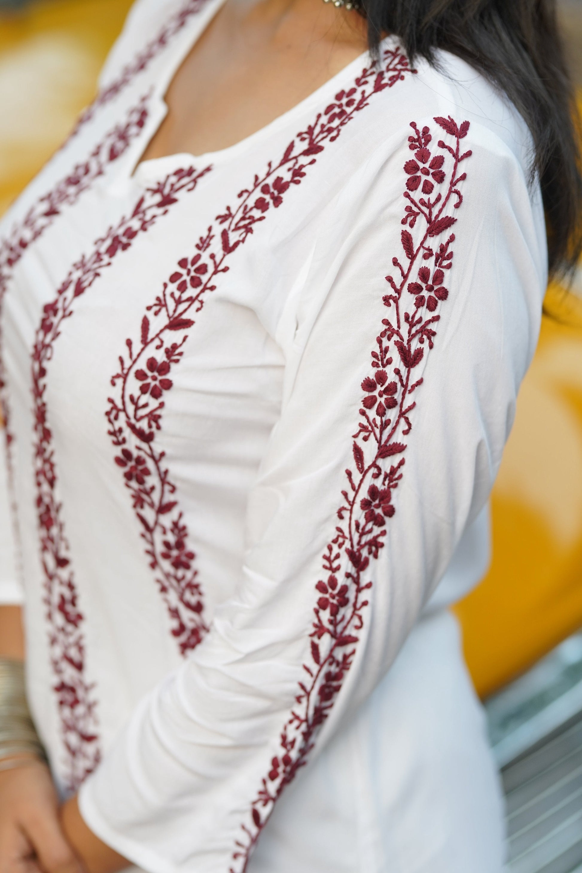 Zibaa Modal White Chikankari Kurti With Maroon Bel - Swadesiicart