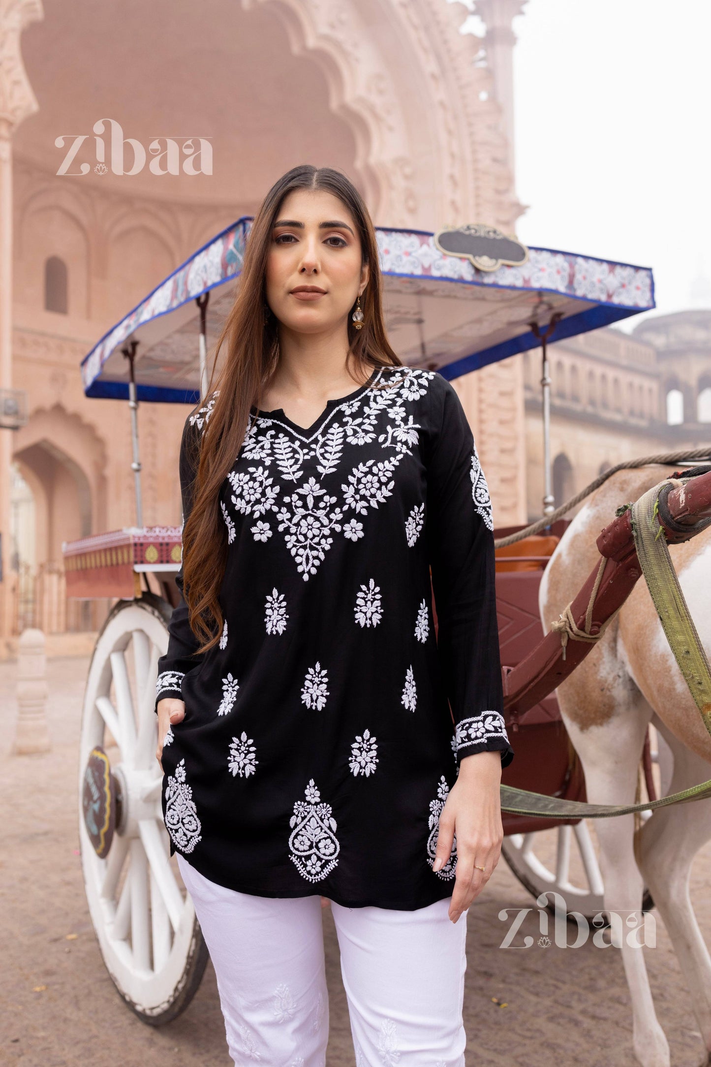 Zibaa Modal Black Short Chikankari Kurti - Swadesiicart