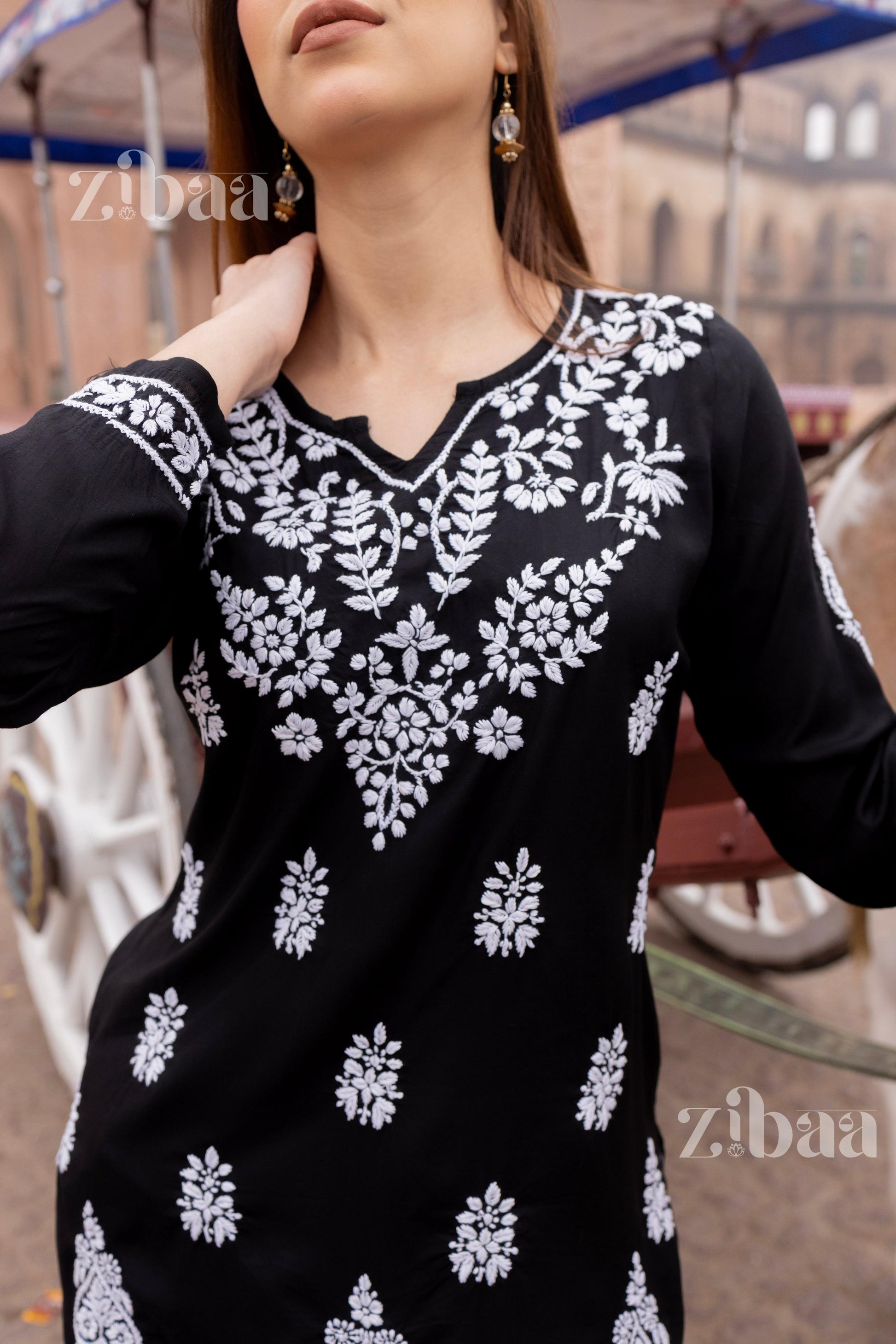 Zibaa Modal Black Short Chikankari Kurti - Swadesiicart