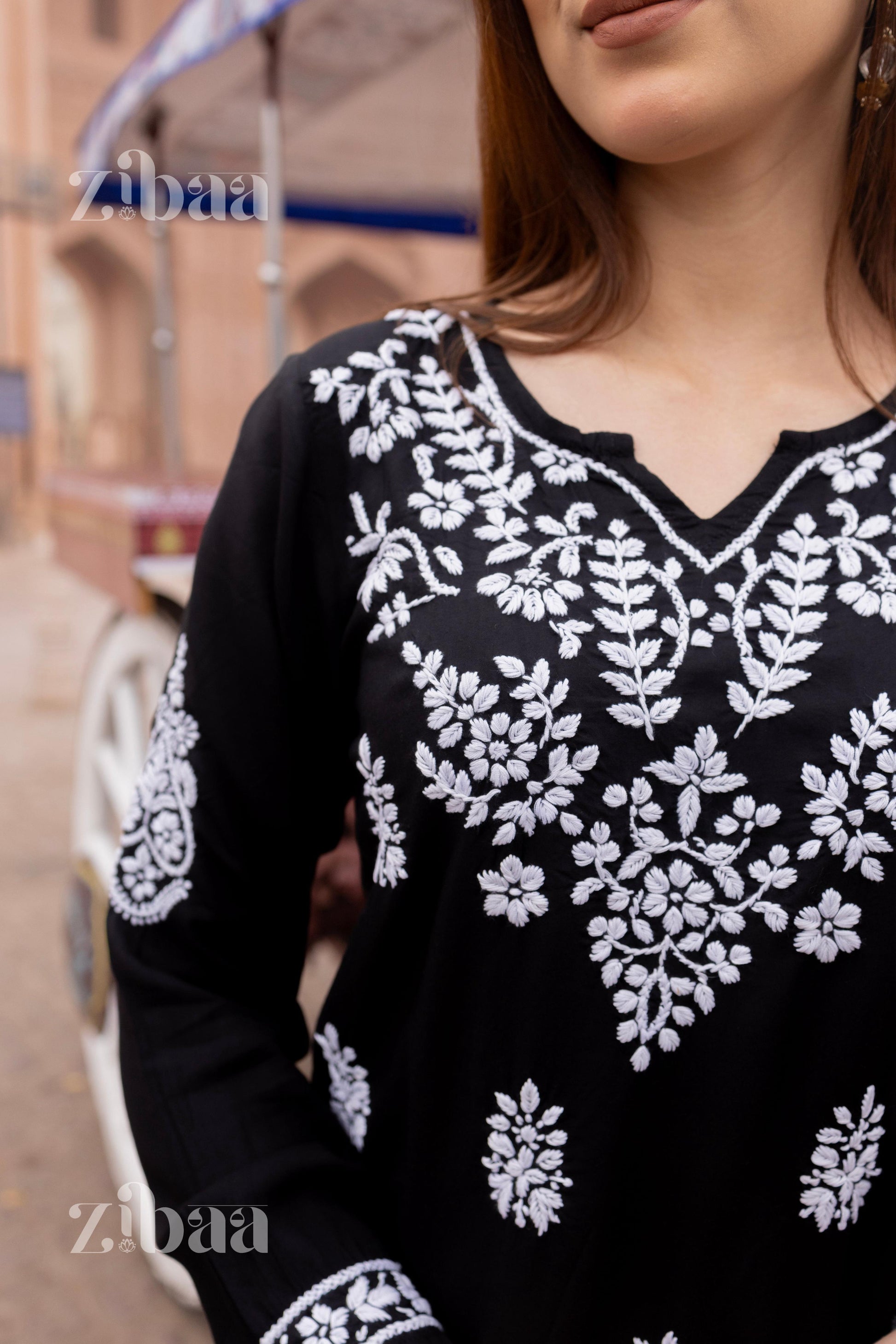 Zibaa Modal Black Short Chikankari Kurti - Swadesiicart