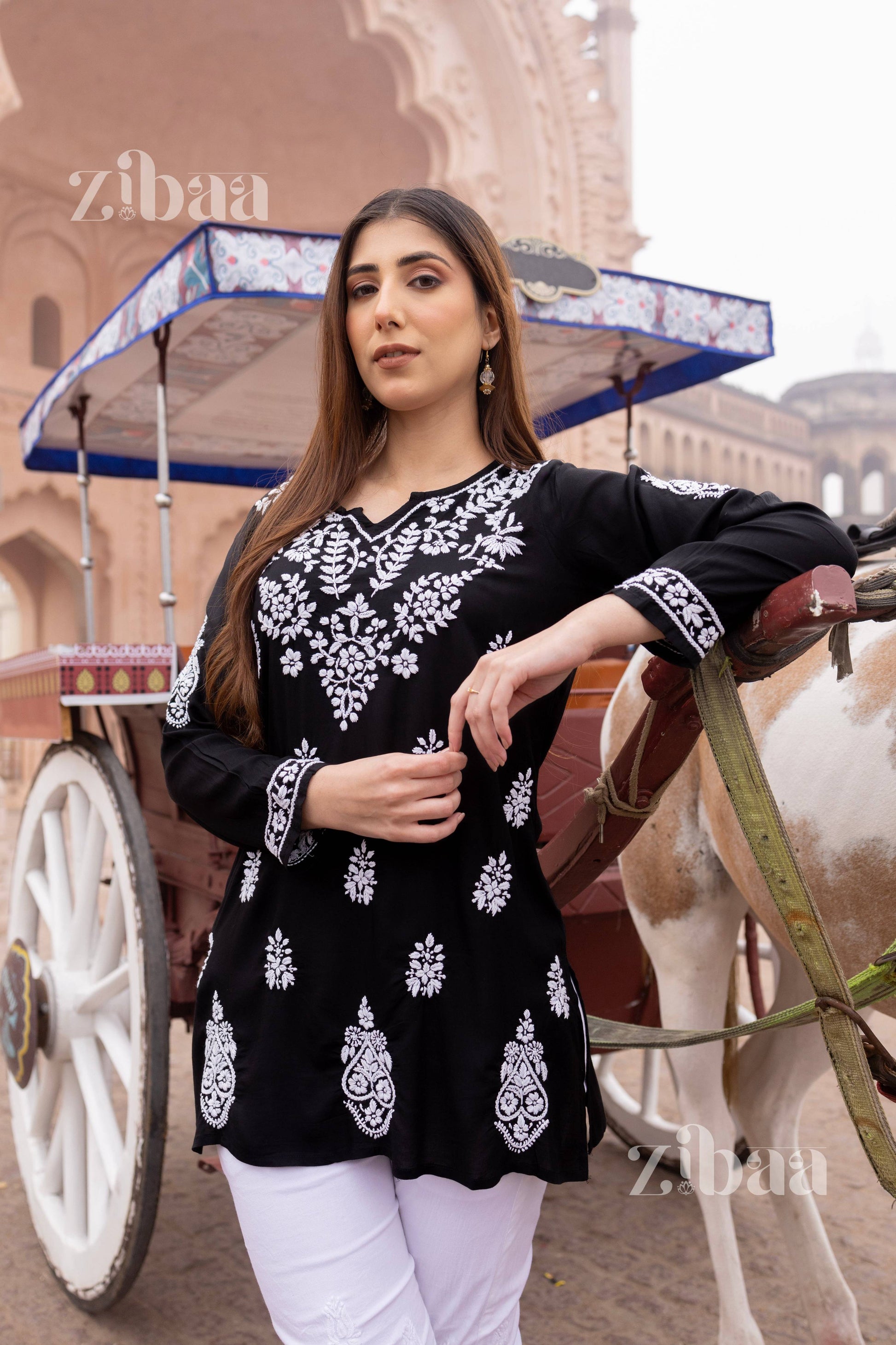 Zibaa Modal Black Short Chikankari Kurti - Swadesiicart
